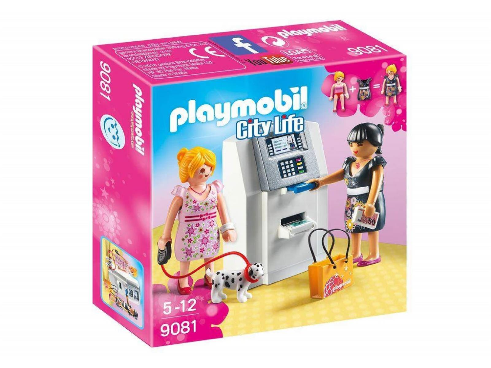 Playmobil-Set mit Figuren an einem Geldautomaten, einem Hund und einer Einkaufstasche.