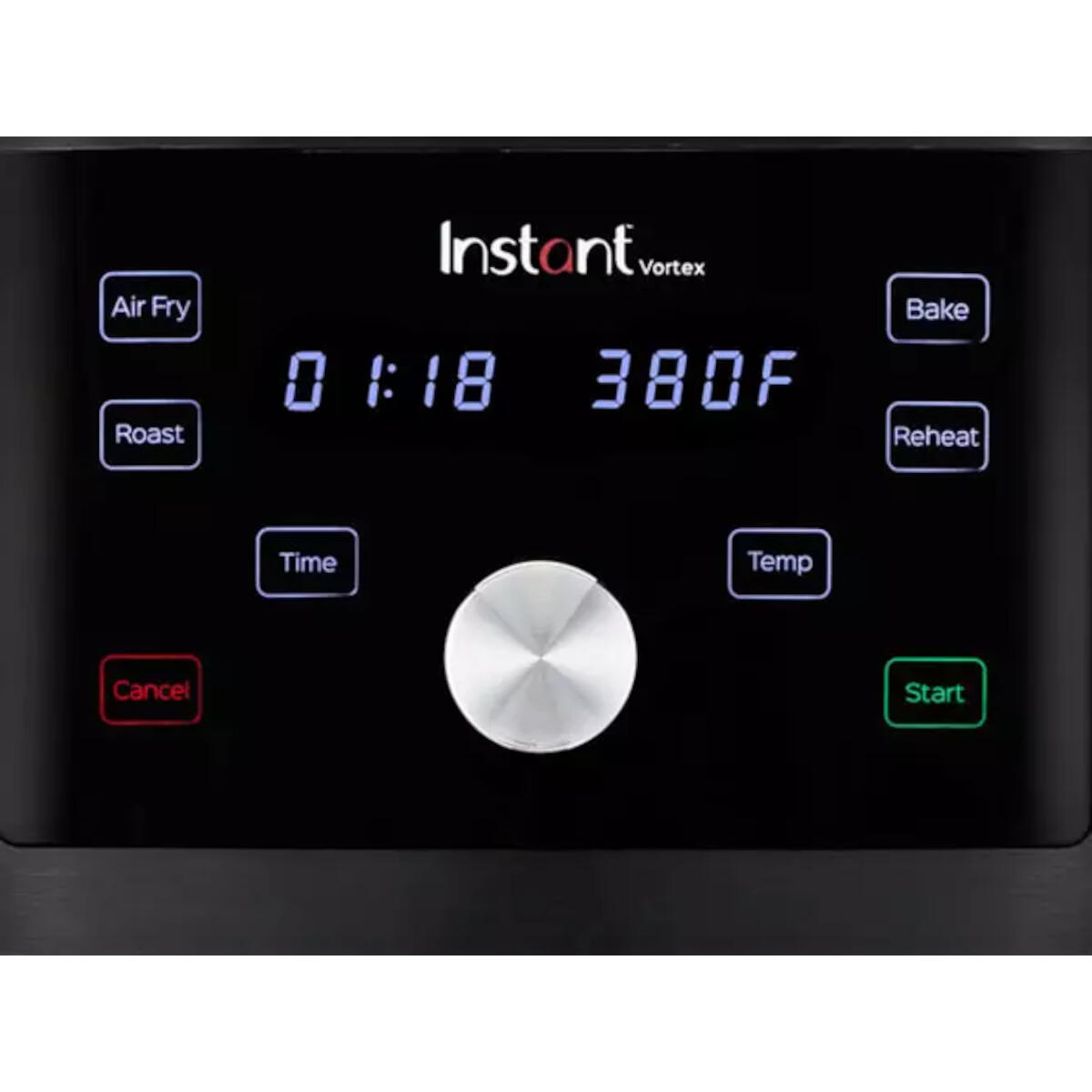 Czarny panel sterowania piekarnika z wyświetlaczem cyfrowym, pokazującym czas i temperaturę.