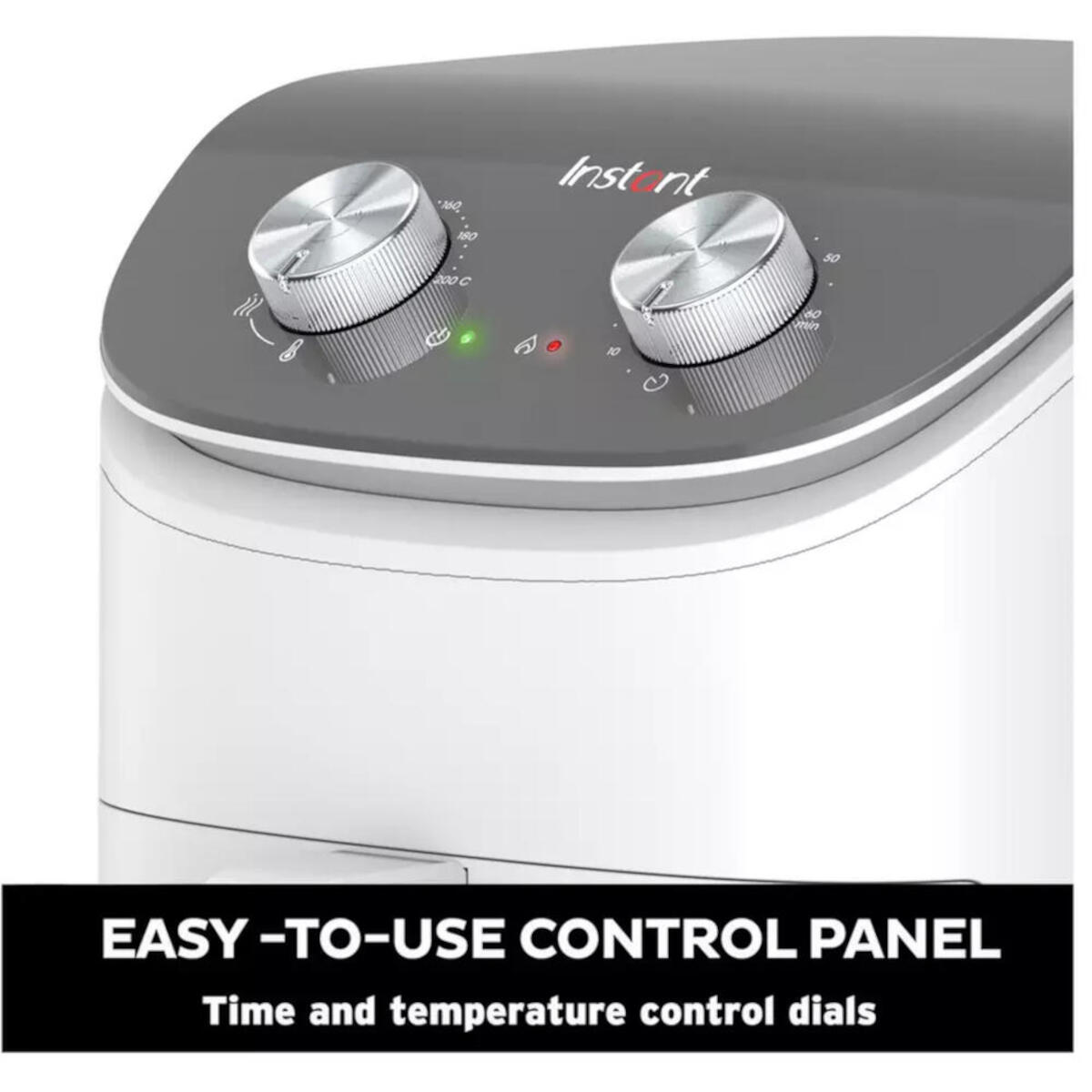 Bedieningspaneel van een airfryer met twee draaiknoppen, temperatuur en tijd. Groene en rode indicatielampjes en de merknaam 'Instant'.