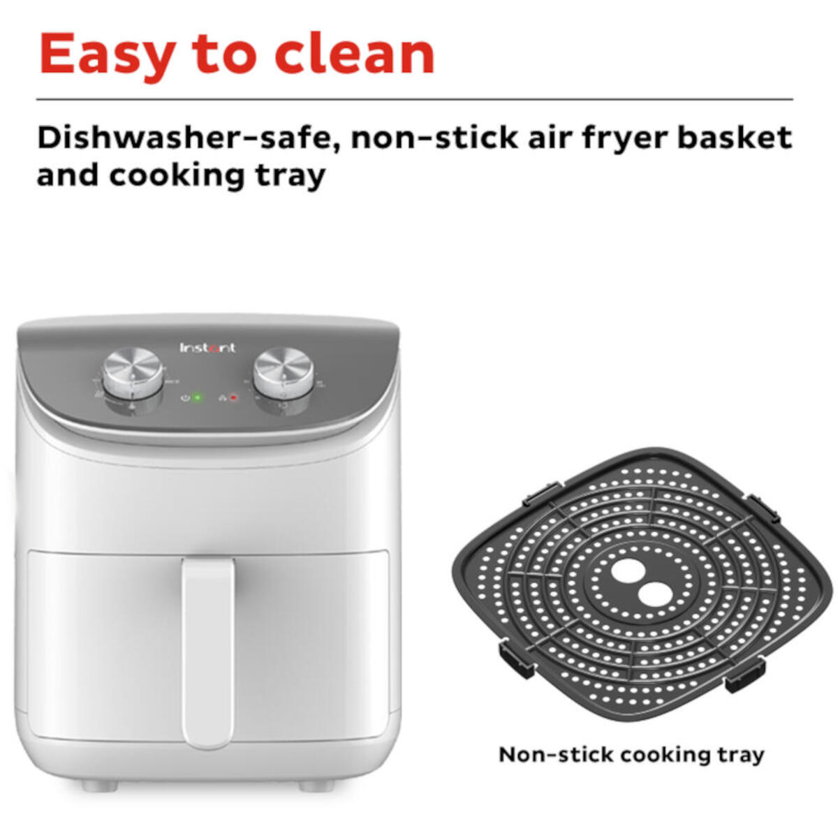 Witte airfryer met grijze bovenkant, een antiaanbak bakplaat en tekst: Gemakkelijk schoon te maken, vaatwasserbestendig, anti-aanbakmand.