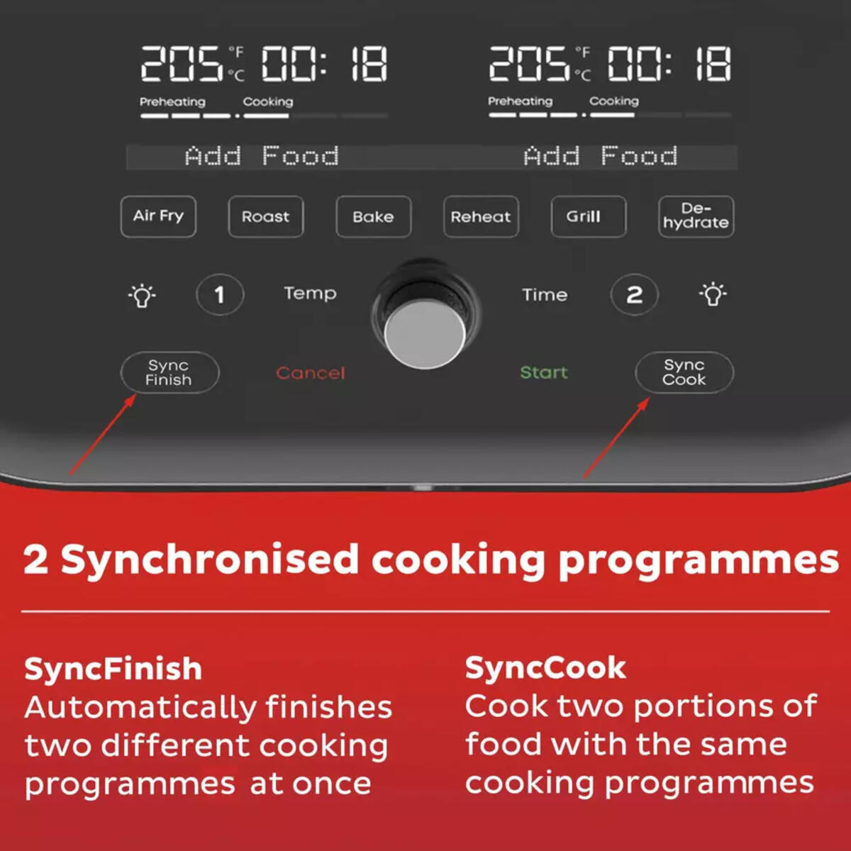 Control panel of an oven with buttons for different functions. Red text.