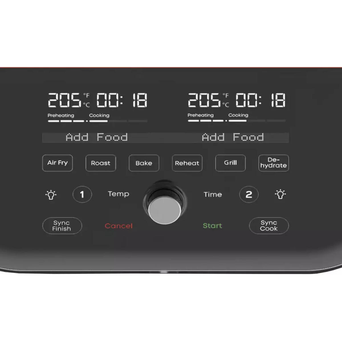 Close-up of a black appliance control panel with buttons and a display.