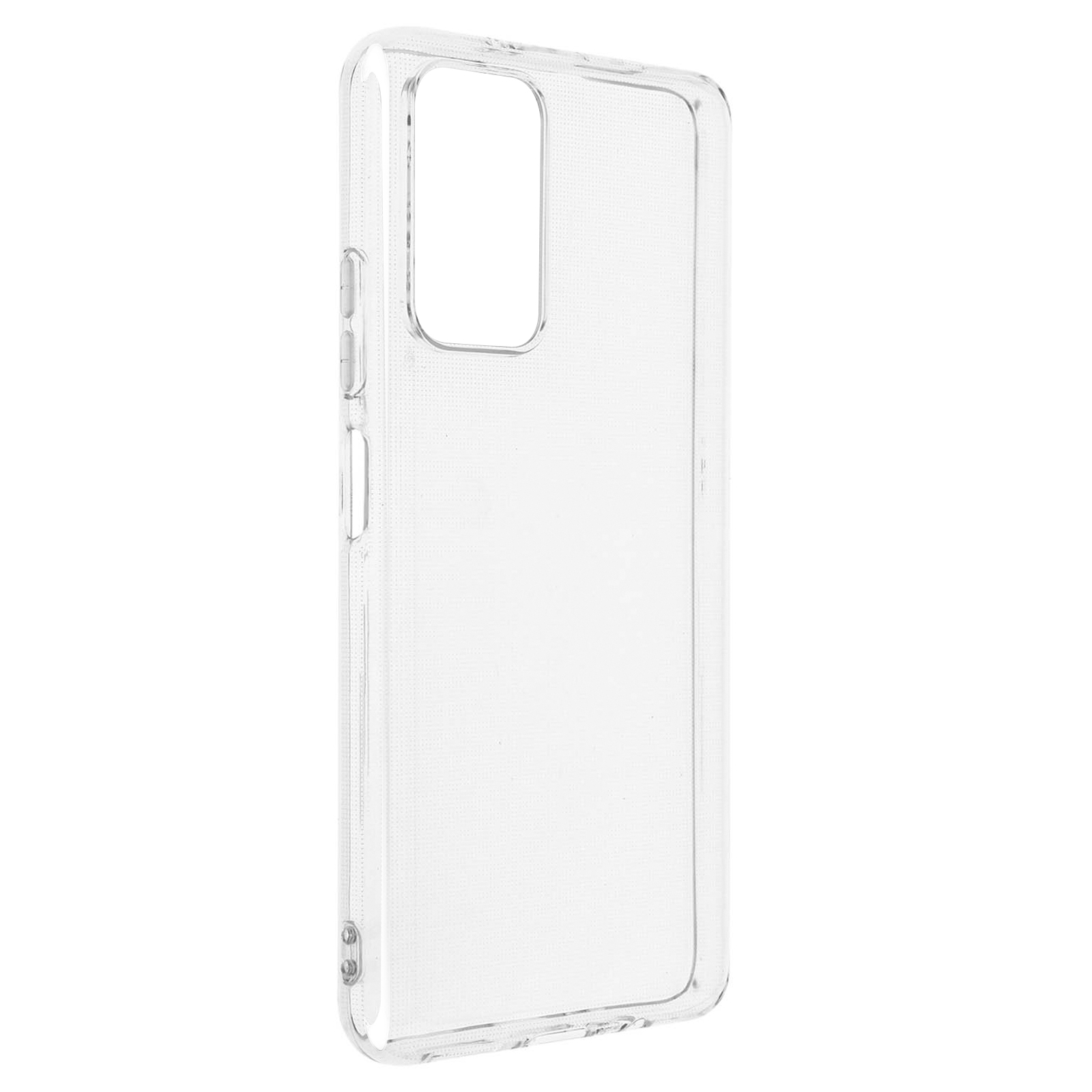 Custodia trasparente per telefono. Trasparente. Fori per fotocamera e pulsanti visibili. Sfondo bianco.