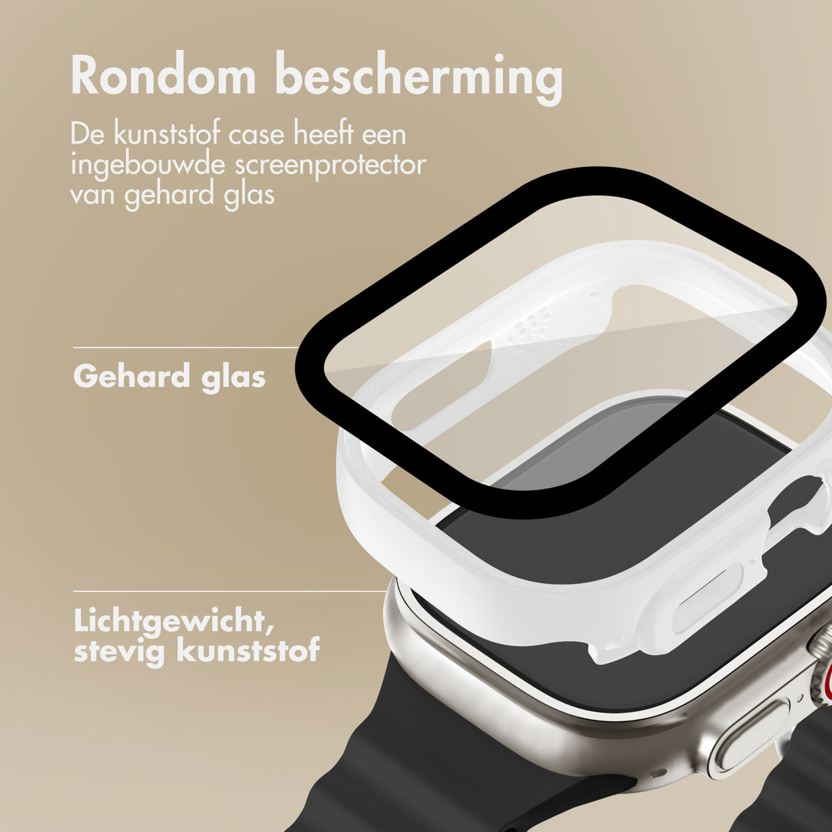 Smartwatch case with a screen protector, made of clear plastic and black border.
