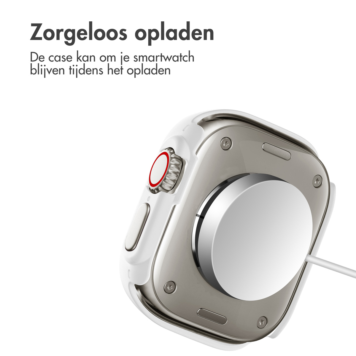 A white and silver watch charging on a white charging pad. Text says, 'Zorgeloos opladen'.