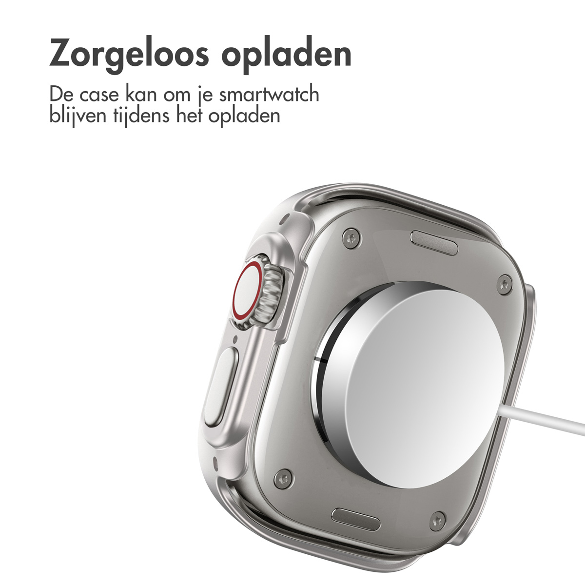 Silver smartwatch charger with a white charging pad and text. The case is open.
