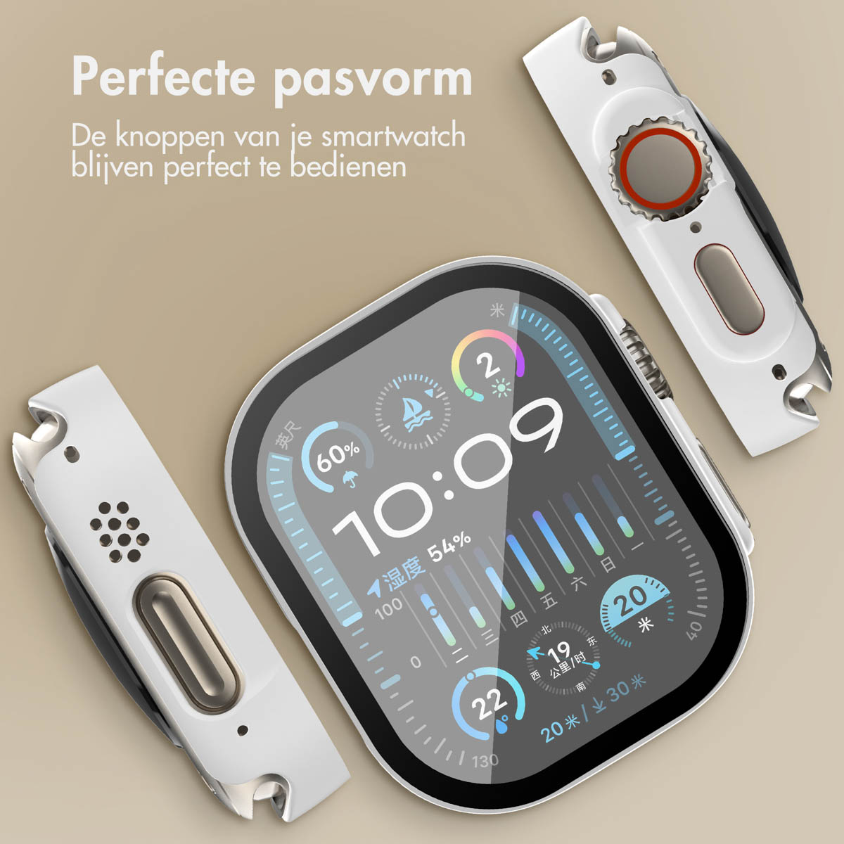Close-up of a smartwatch with two white accessories. Time displayed is 10:09.