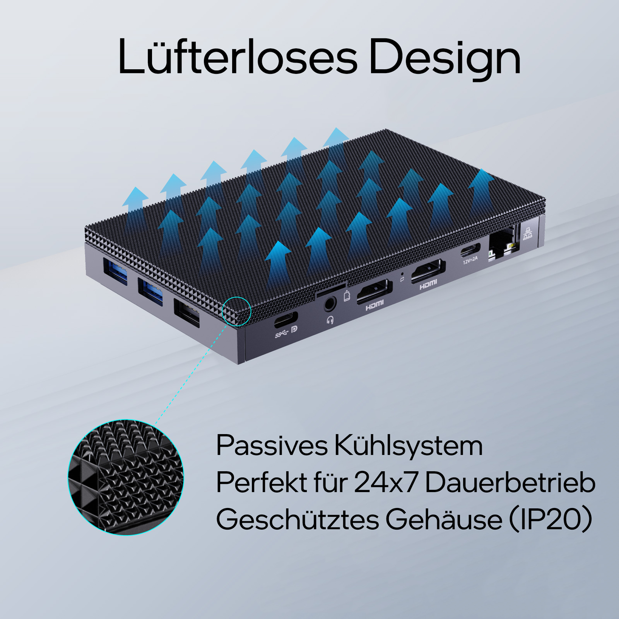 Ein schwarzer Mini-Computer mit detailliertem Rasterdesign und Pfeilen, die den Luftstrom anzeigen. Text beschreibt ein passives Kühlsystem.