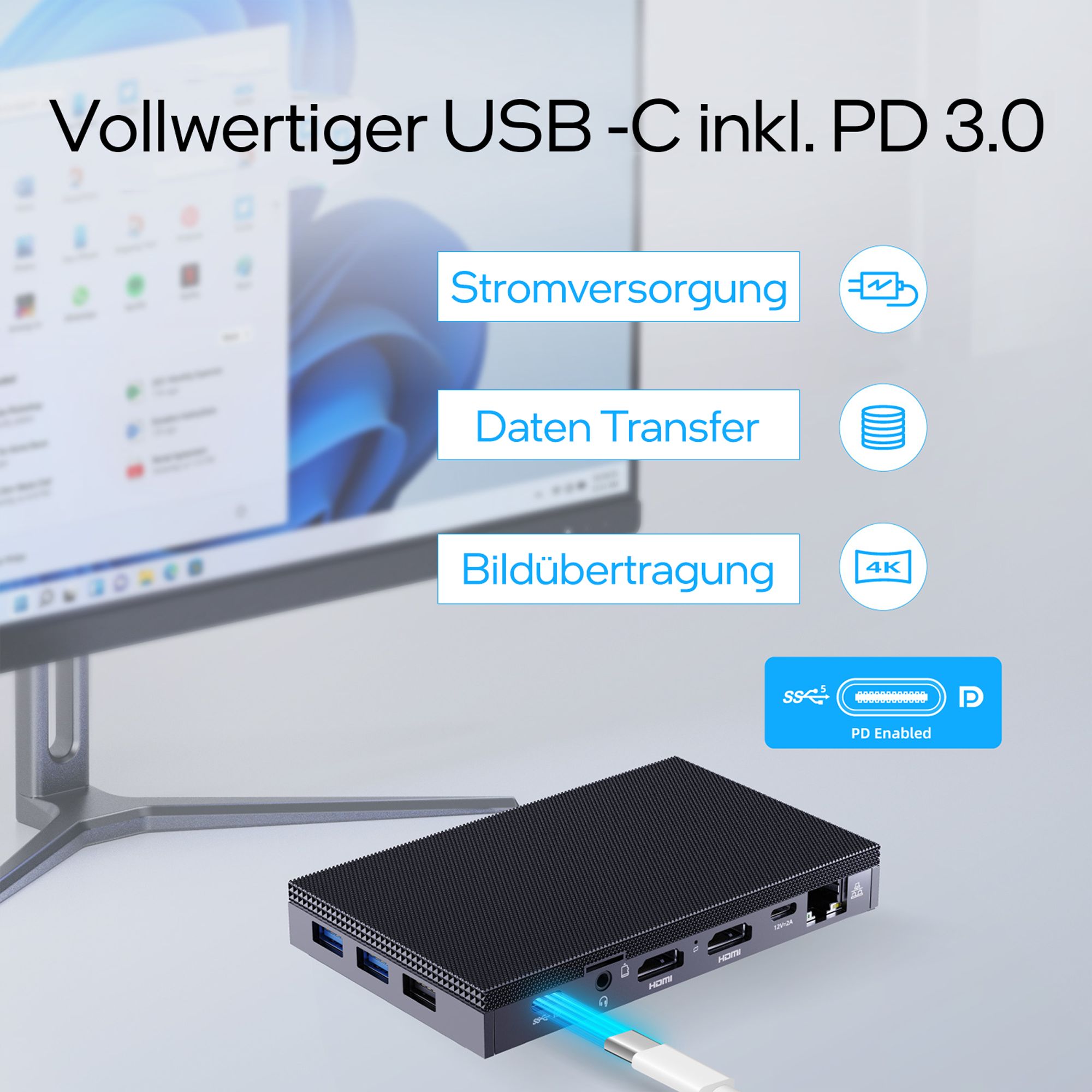 Schwarzer USB-C-Hub mit Anschlüssen. Text: USB-C mit Stromversorgung, Daten, Video.