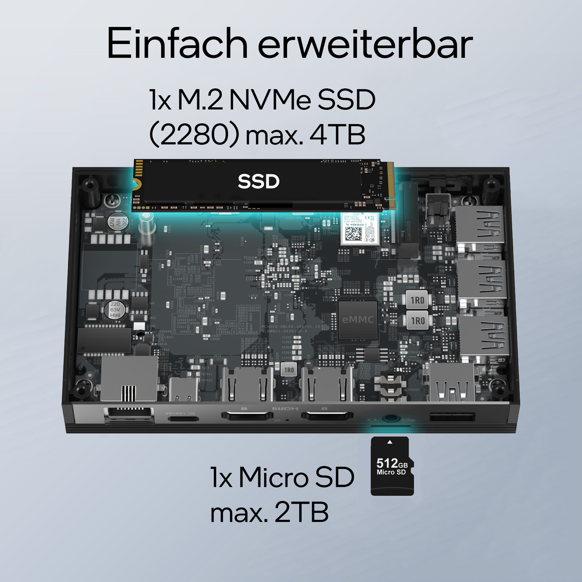 Interne Komponenten eines schwarzen Computergehäuses mit SSD, SD-Karte und USB-Anschlüssen.