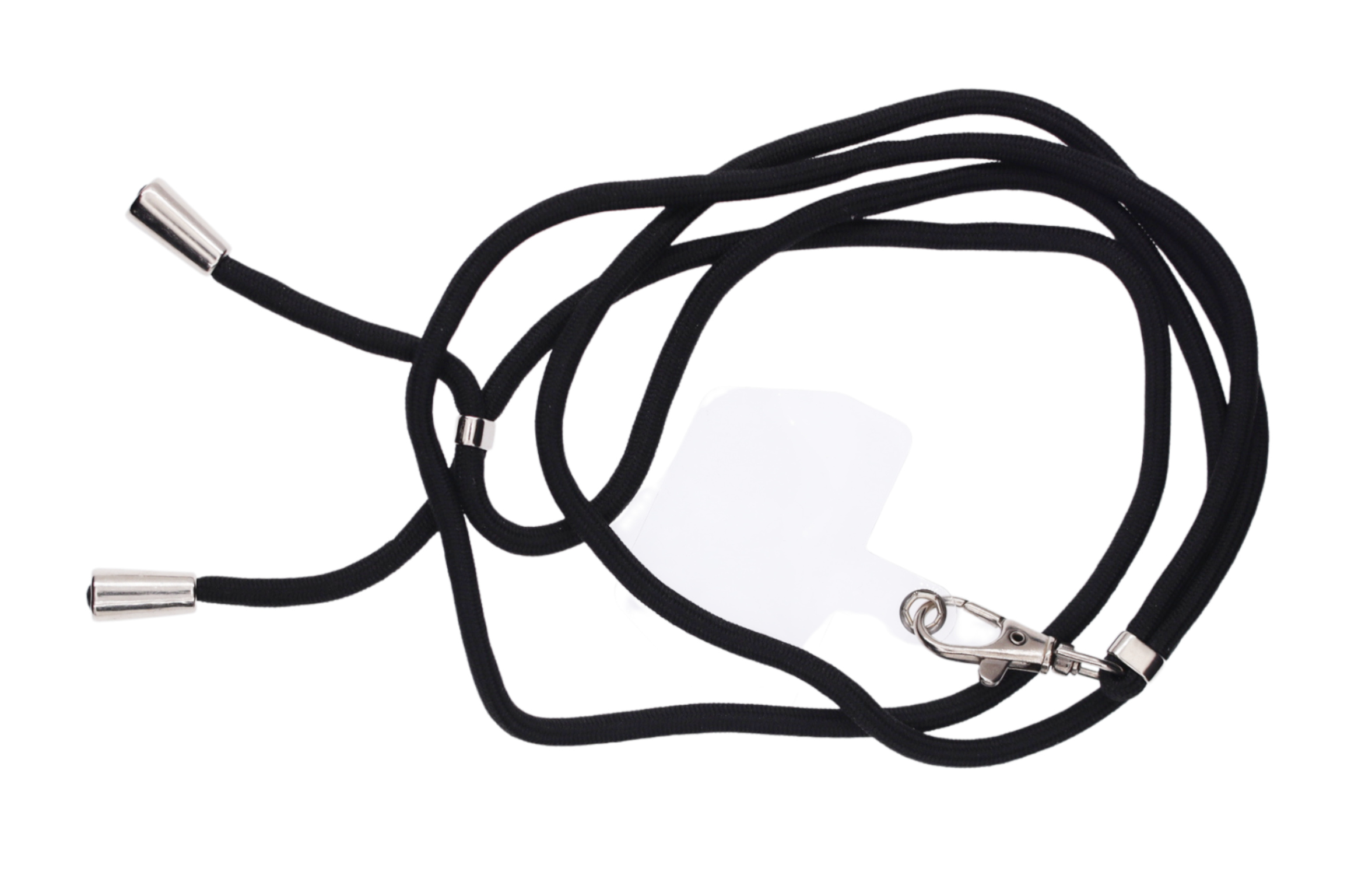 Schwarzes Telefon-Lanyard mit silbernen Akzenten, durchsichtiger Telefonhalter, auf weißem Hintergrund.