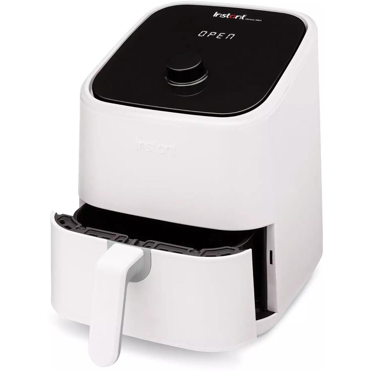 Friggitrice ad aria bianca con cassetto aperto. Ha un coperchio nero e una maniglia.