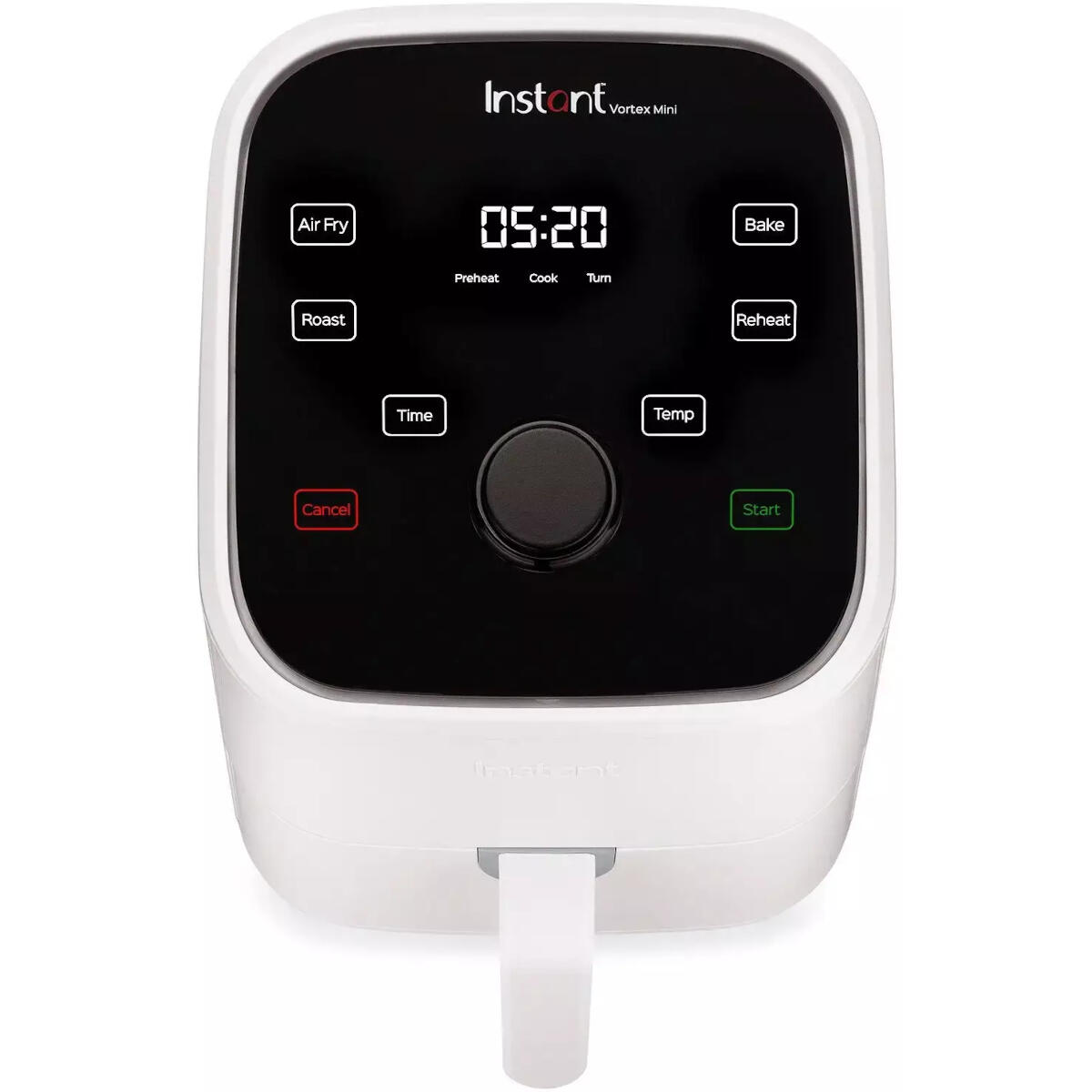 Friggitrice ad aria Instant Vortex Mini bianca con pannello di controllo e display digitale.