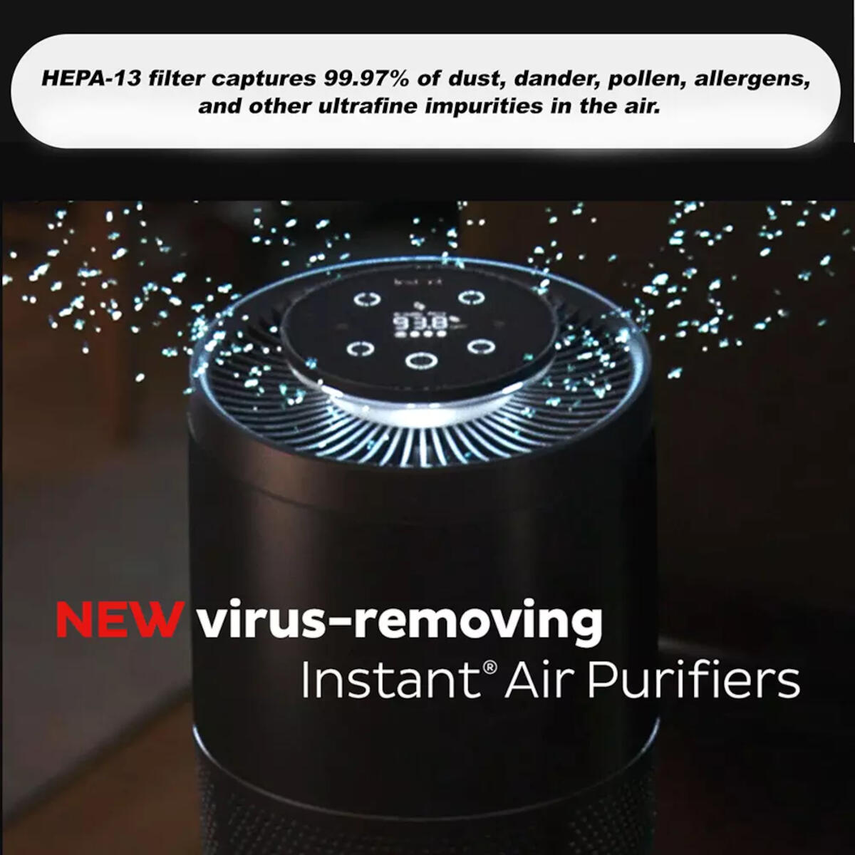 Purificateur d'air noir avec affichage numérique, lumières blanches et texte sur la purification de l'air.