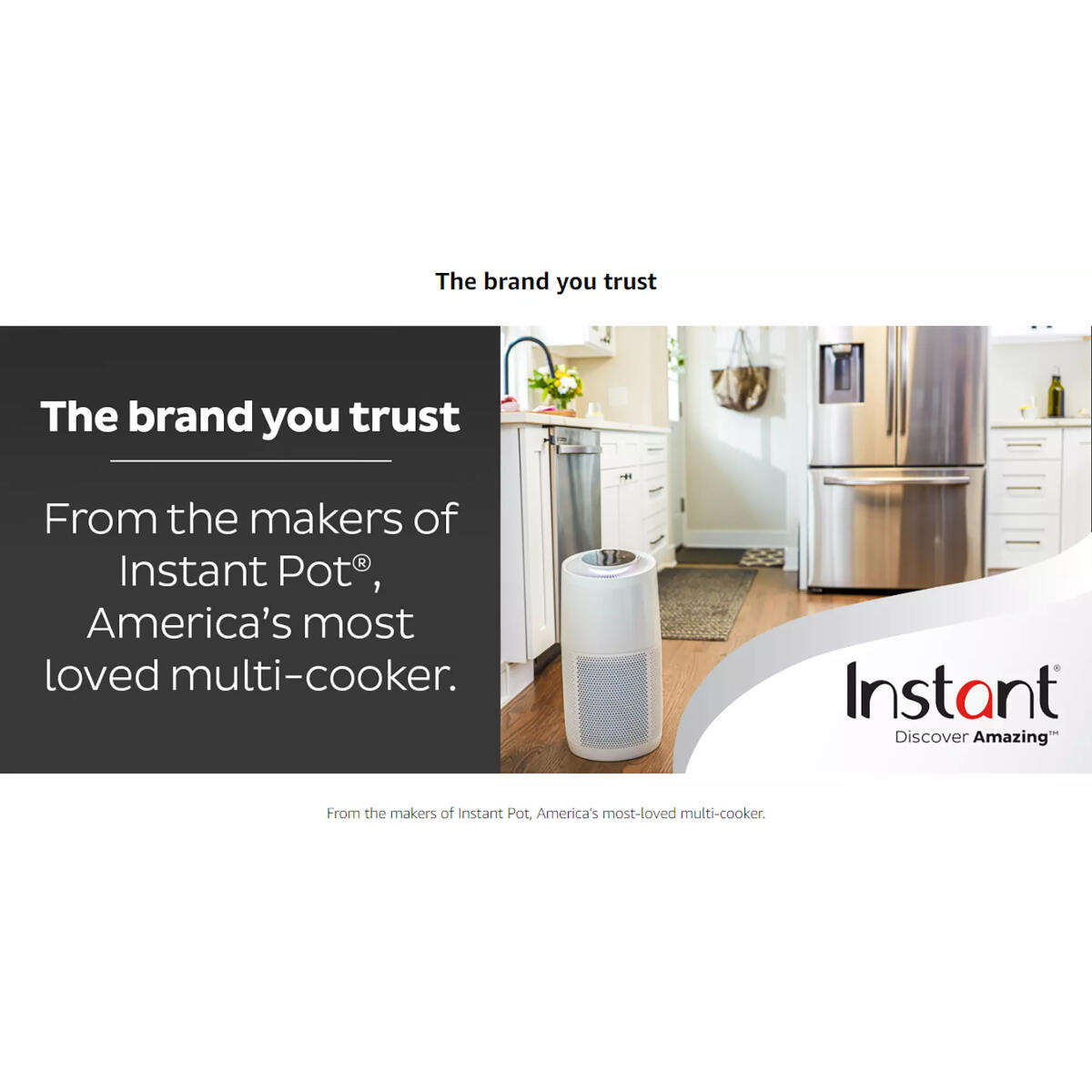 Publicité pour Instant Pot : scène de cuisine, purificateur d'air, texte et logo.