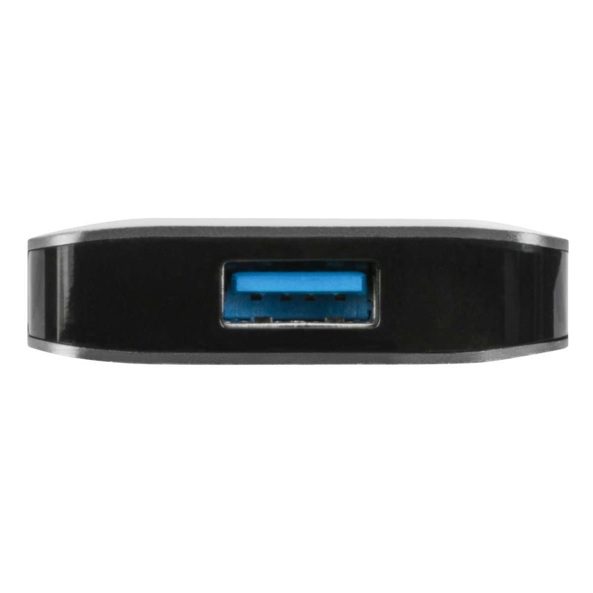 Un hub USB nero con una porta USB blu.