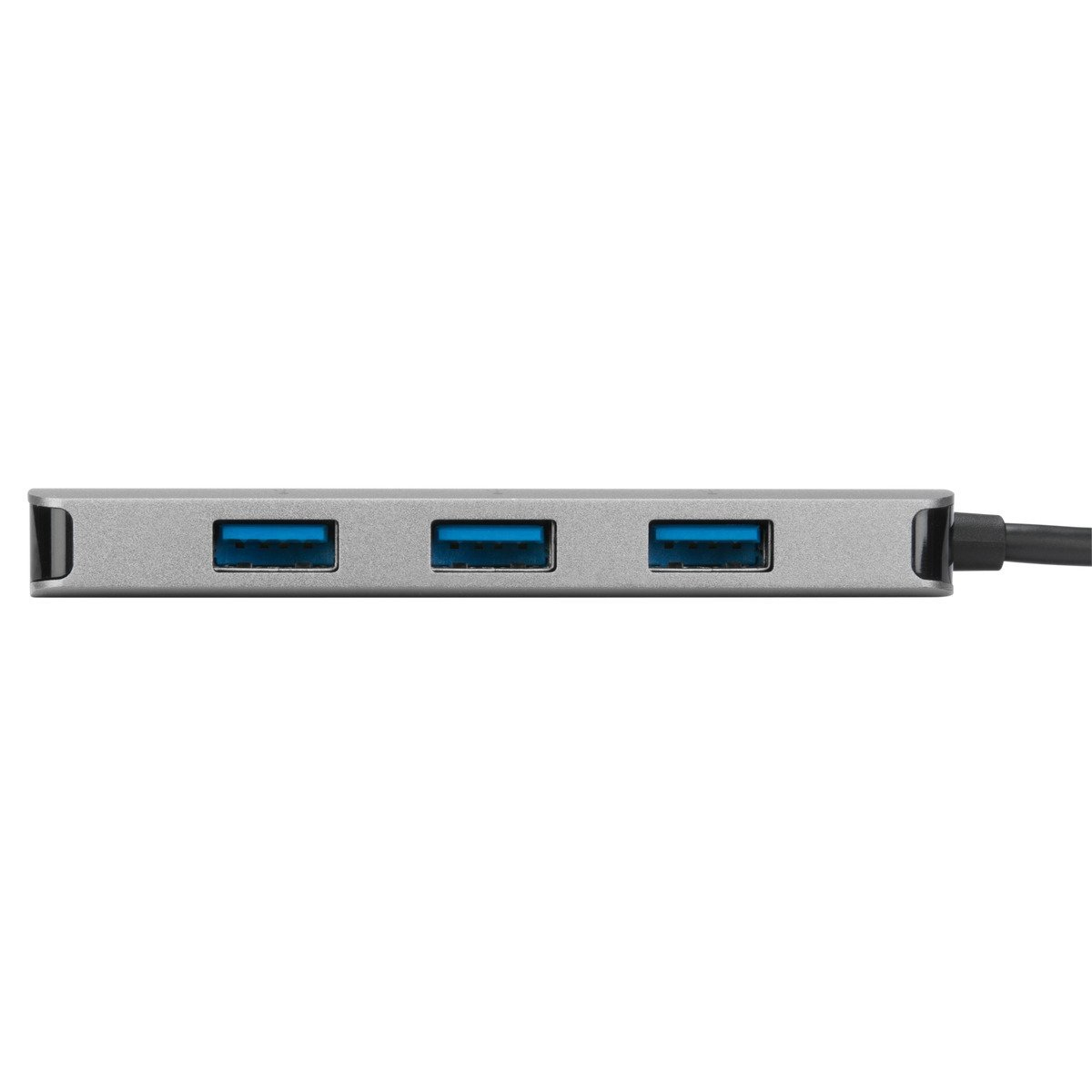 Hub USB argento con tre porte USB blu e un cavo nero che si estende verso destra.