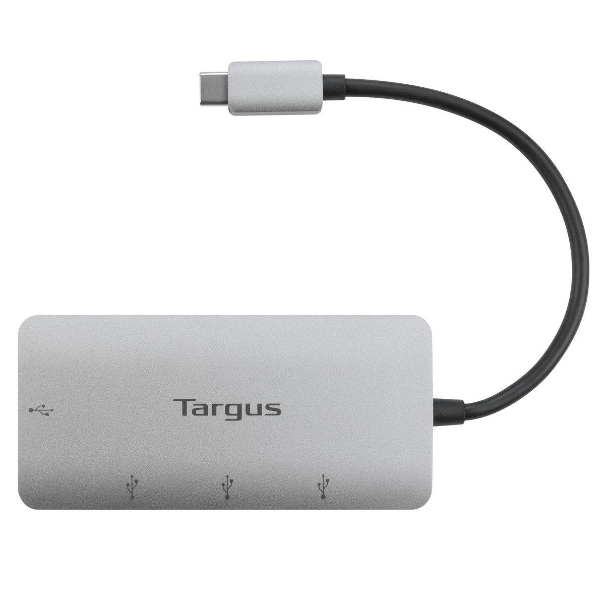Hub USB-C Targus argento. Contiene porte USB e un connettore USB-C. Sfondo bianco.