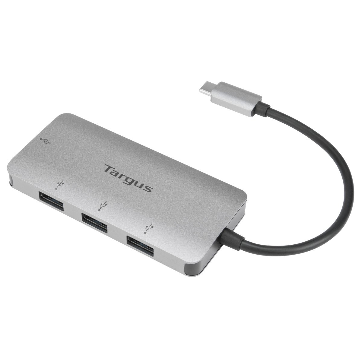 Hub argentato con quattro porte USB e un cavo nero. Il marchio Targus è sull'hub.