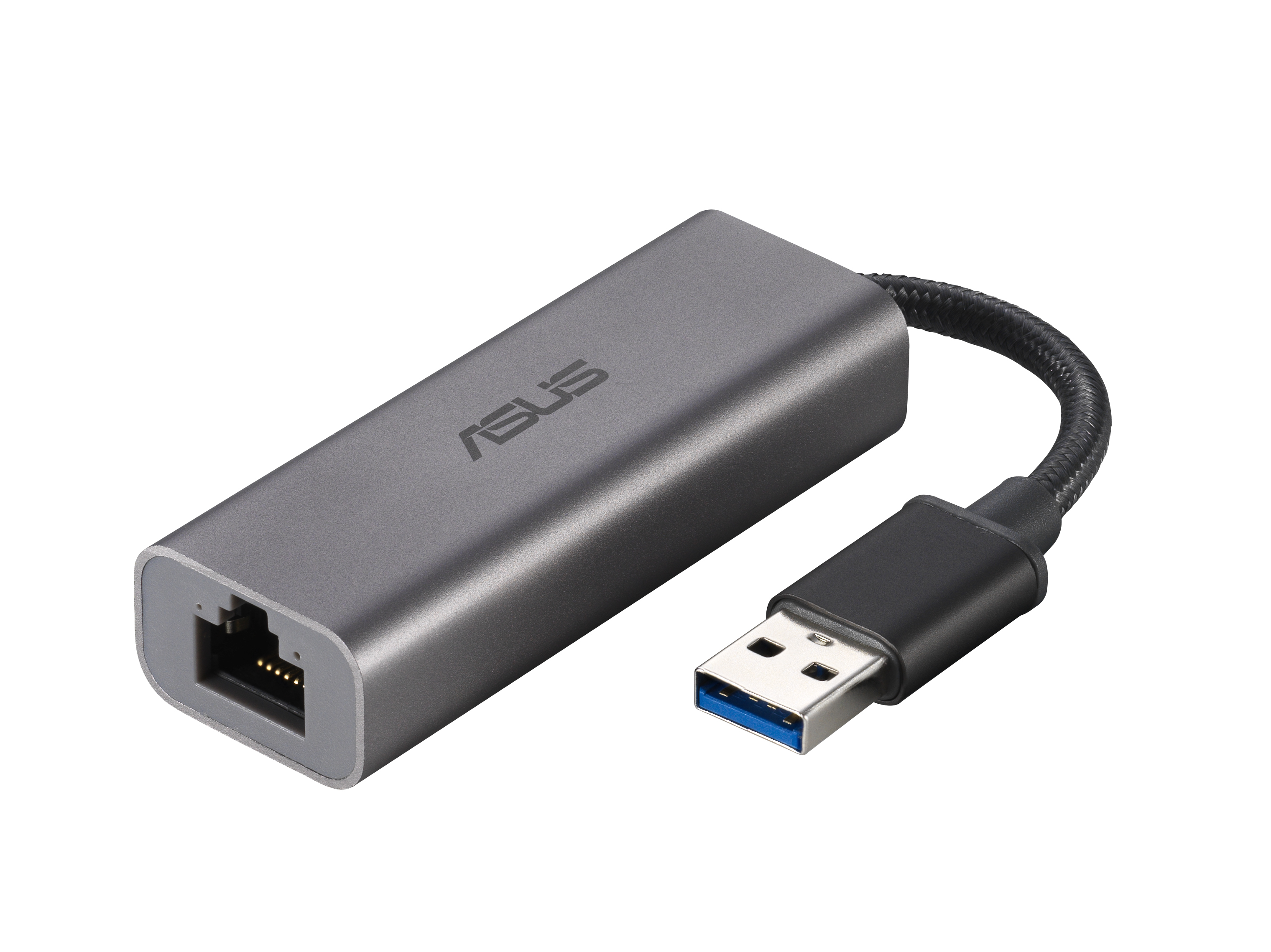 Ein grauer USB-zu-Ethernet-Adapter mit USB-Anschluss und einem Port für ein Ethernet-Kabel.