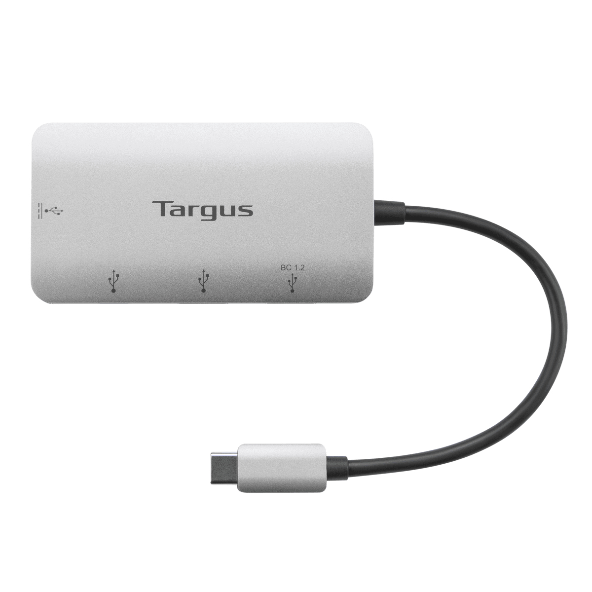 Un adaptador Targus plateado con múltiples puertos USB y un cable USB-C negro adjunto.