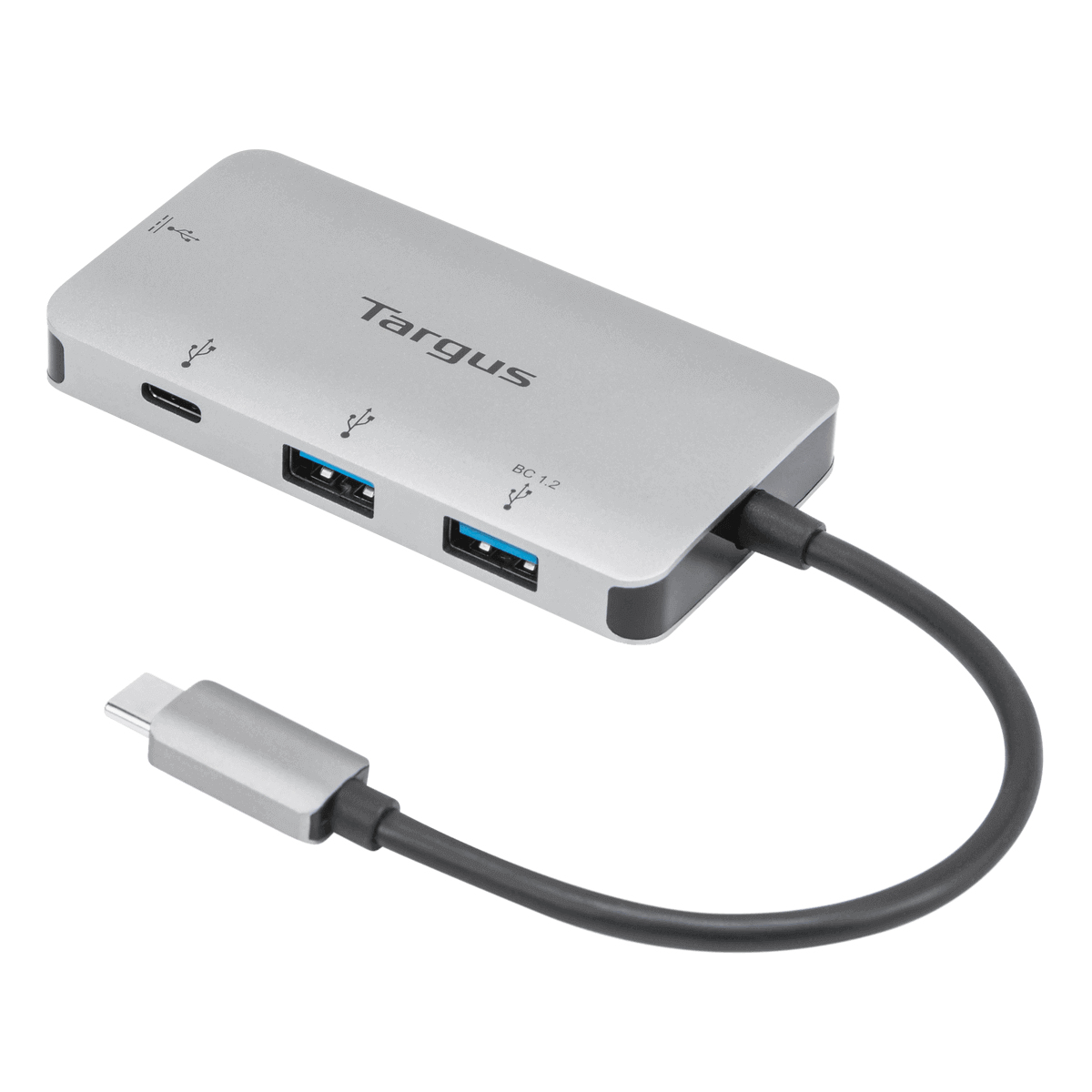 Hub USB-C Targus plateado. Tiene varios puertos y cable negro con conector USB-C.
