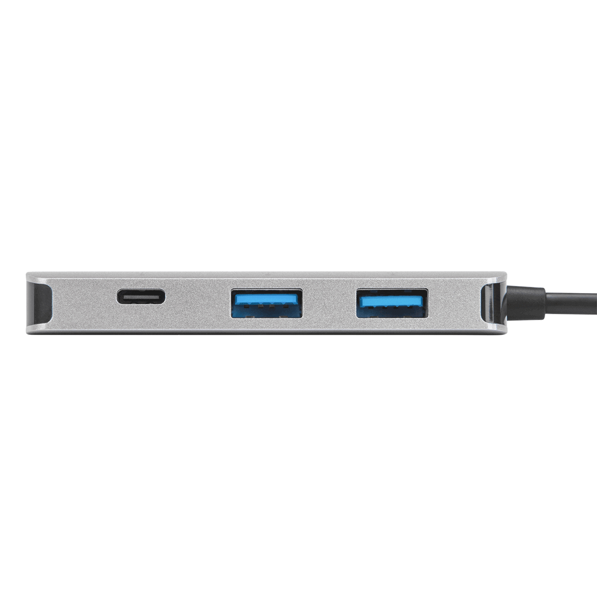 Concentrador USB plateado con puerto USB-C y dos puertos USB-A. Cable negro a la derecha.