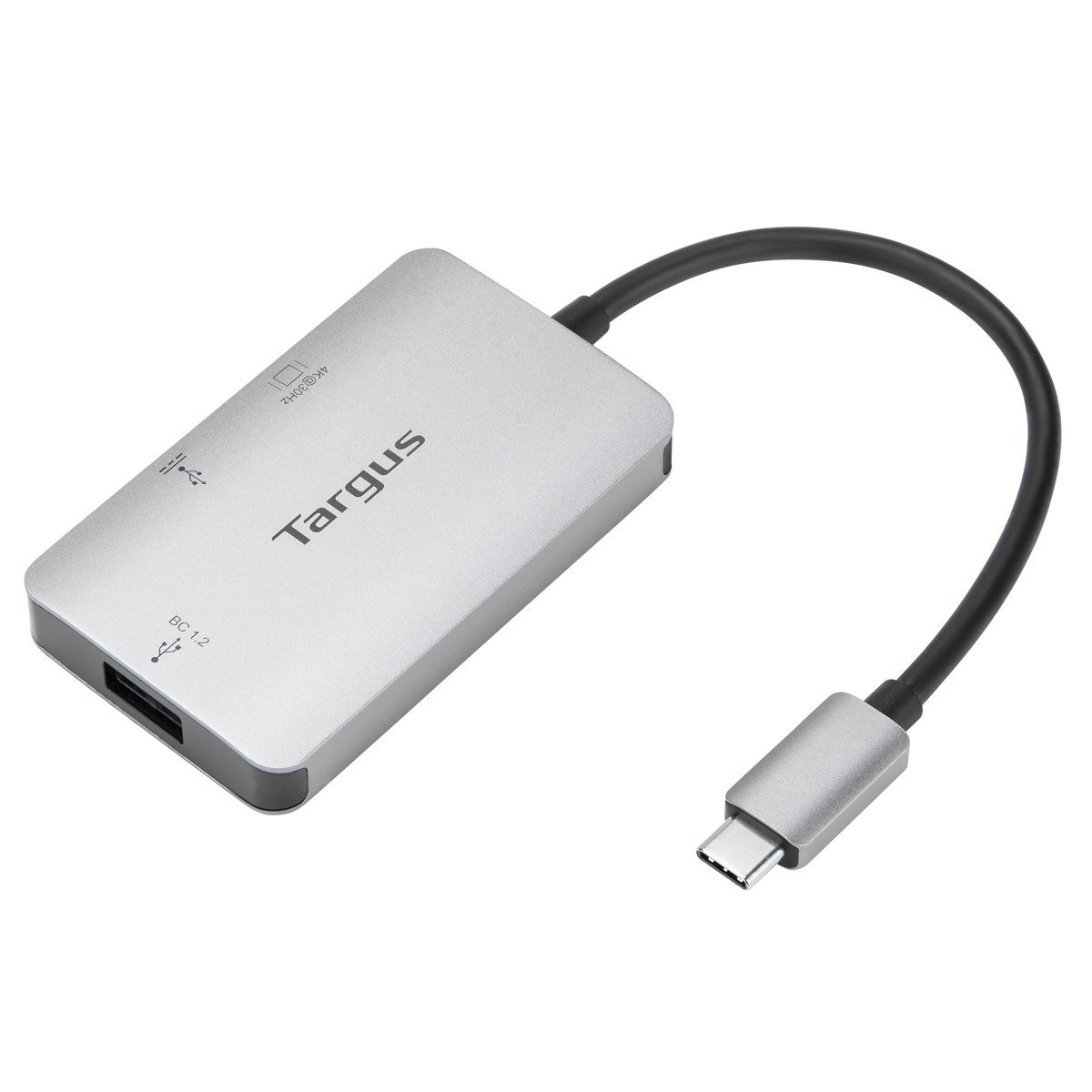 Adattatore USB-C Targus argentato con cavo nero.