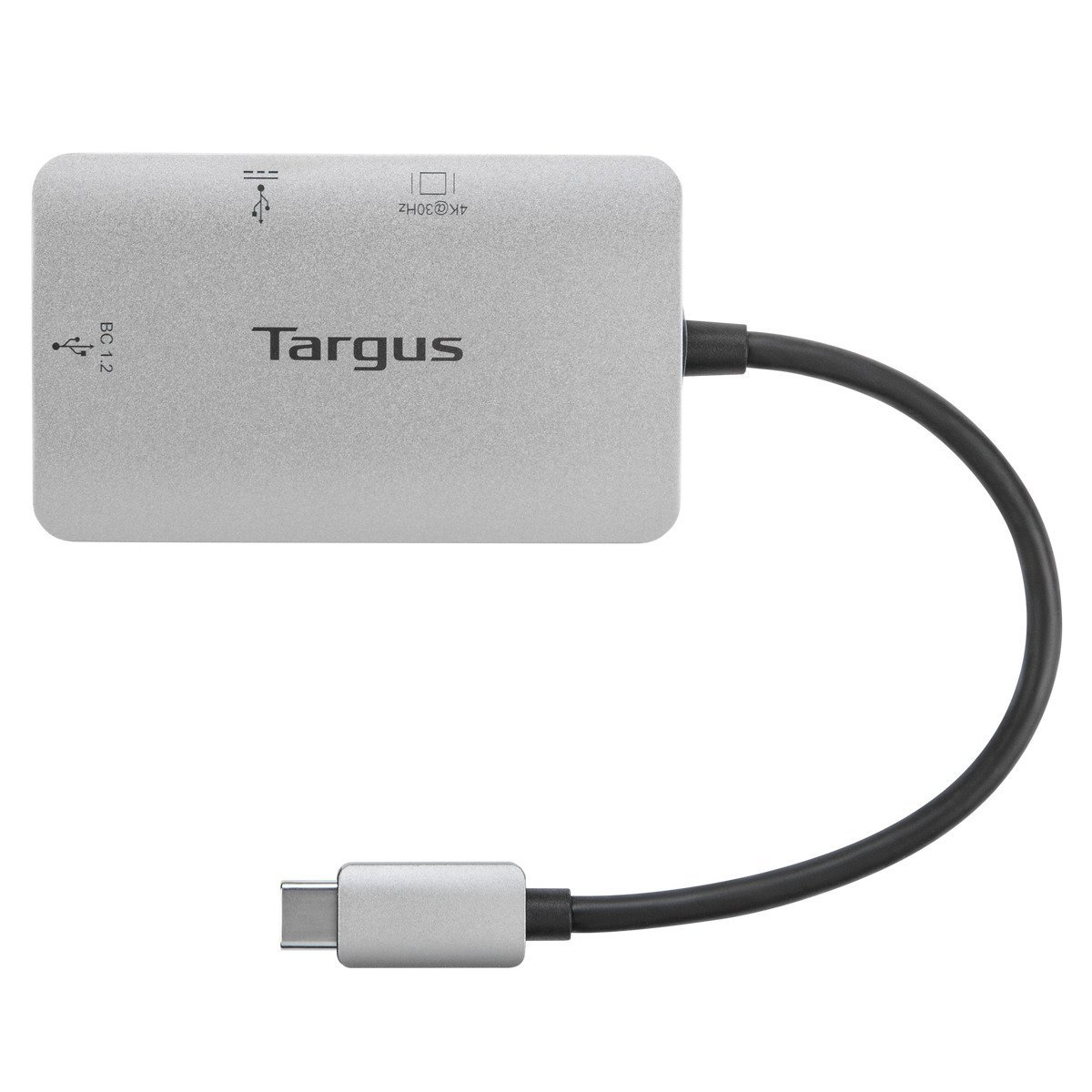 Hub USB-C argentato con cavo nero, vista dall'alto. Targus è stampato sopra. Diverse porte visibili.