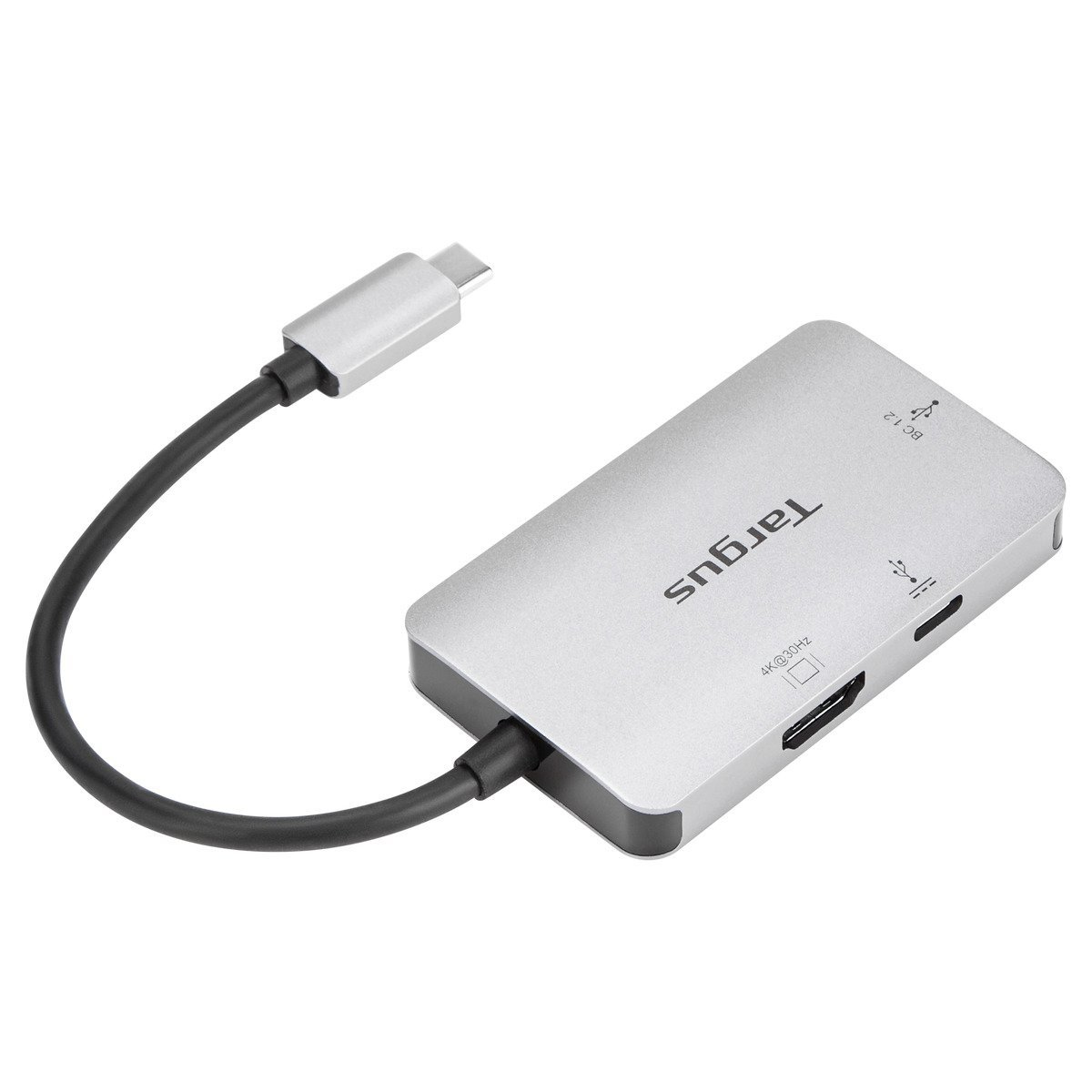 Hub Targus argentato con HDMI, USB-C e altre porte, cavo nero collegato.