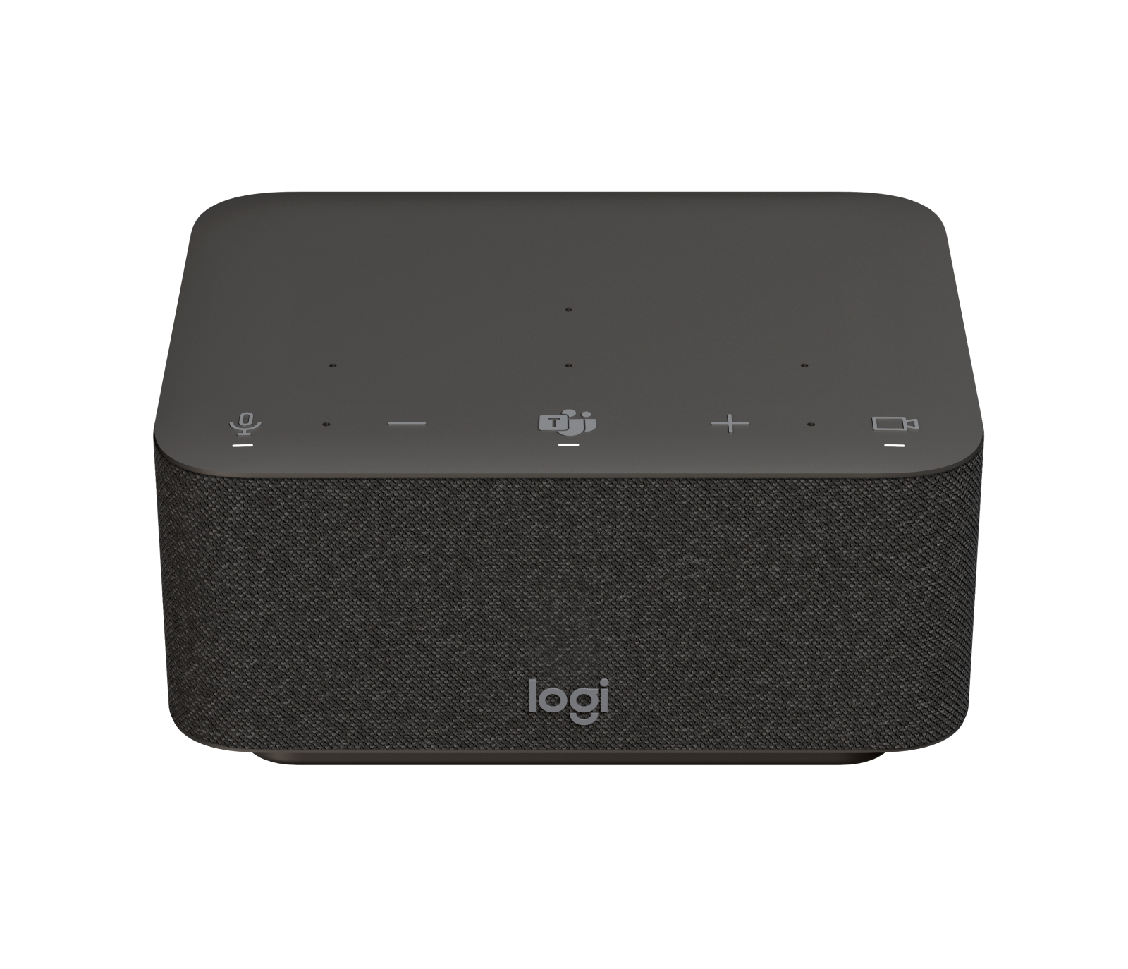 Un vivavoce per conferenze grigio scuro con pulsanti sulla parte superiore. Il logo "logi" è visibile.