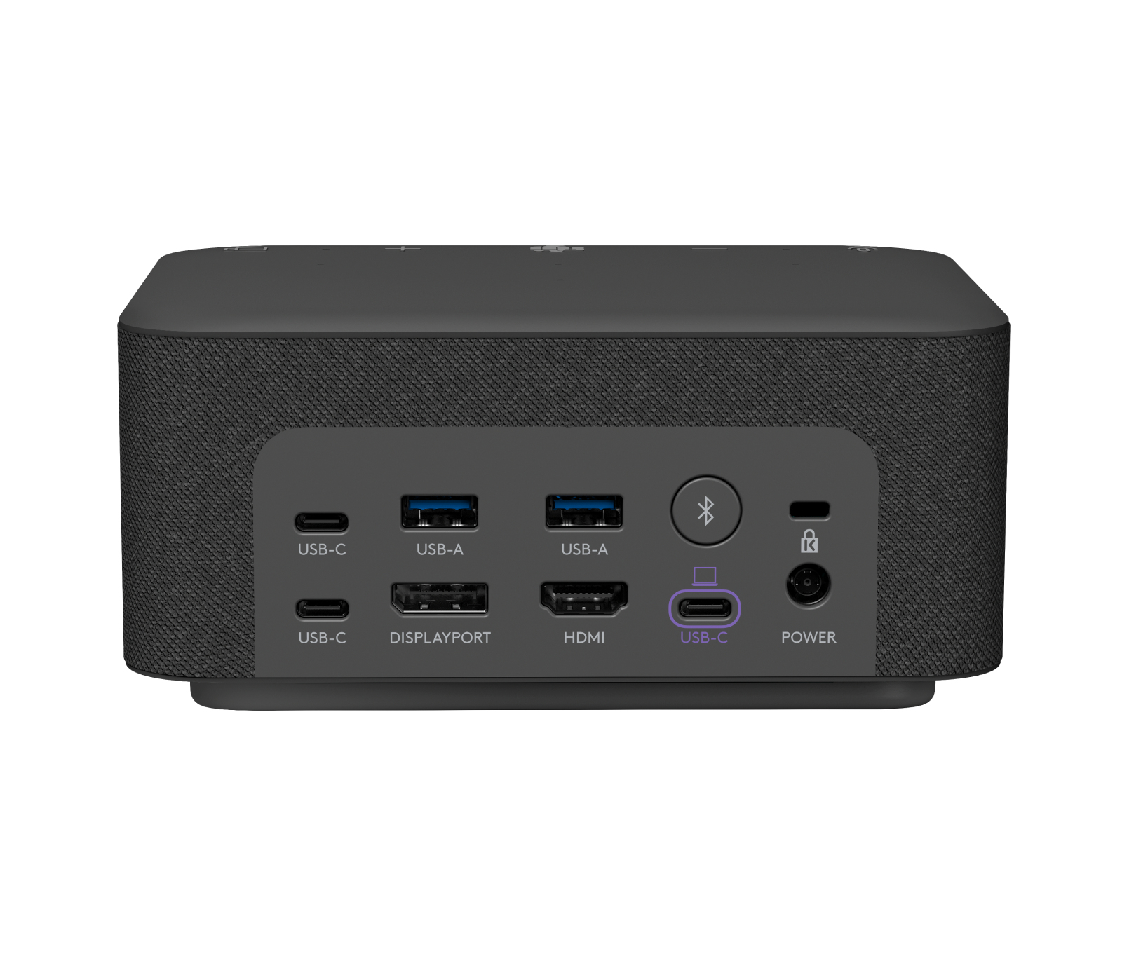 Pannello posteriore grigio scuro con più porte, tra cui USB-C, USB-A e displayport.