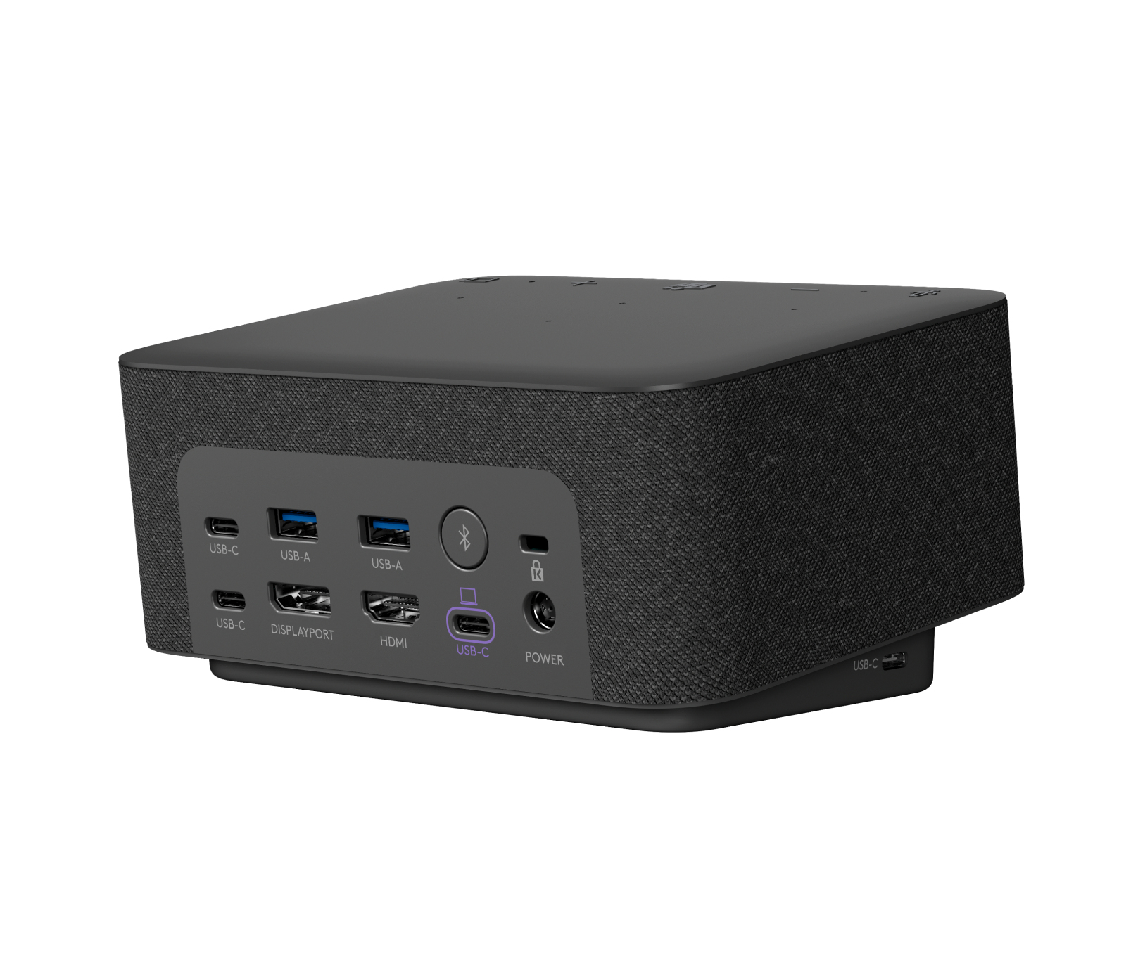 Un dispositivo nero con diverse porte, USB-C, USB-A e HDMI, su una superficie bianca.