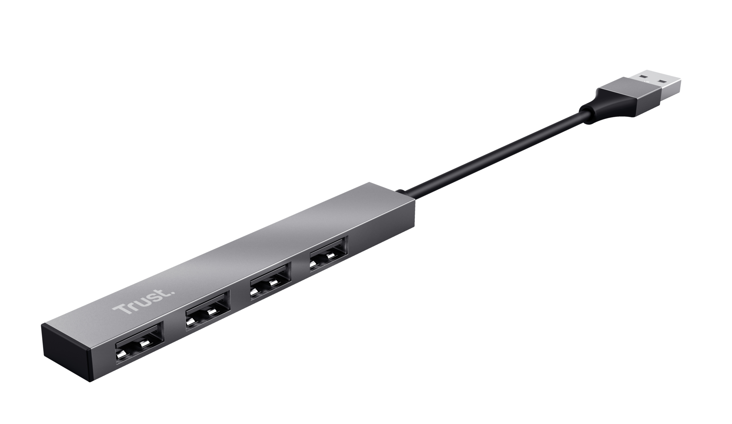 Silberner Trust USB-Hub mit vier Anschlüssen, verbunden mit einem USB-Kabel und Stecker.