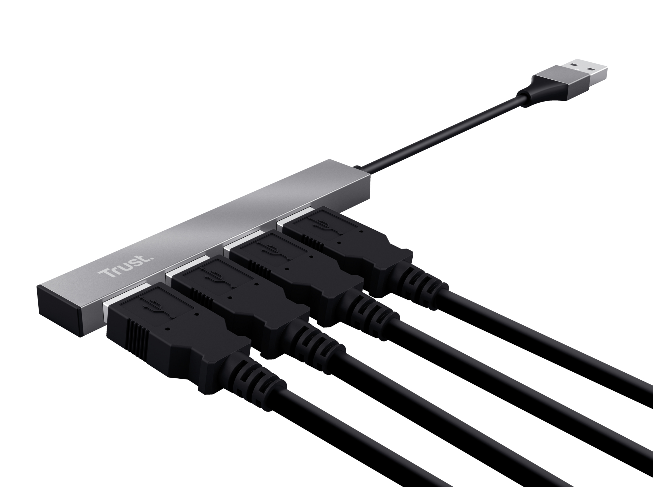 Silberner Trust USB-Hub mit vier angeschlossenen schwarzen USB-Kabeln. Weißer Hintergrund.
