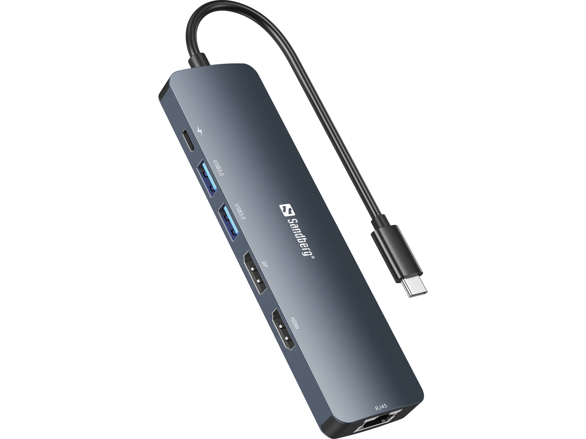 Dunkelgrauer Multiport-Adapter mit verschiedenen Anschlüssen. Enthält USB, HDMI und RJ45.