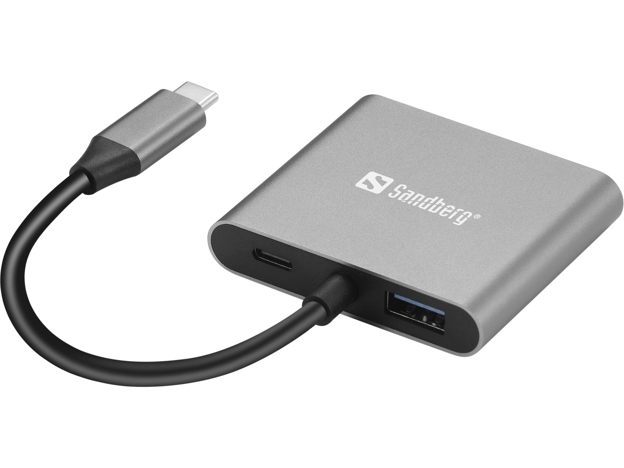 Silberner USB-Hub mit USB-C-Anschluss und USB-Anschluss. Schwarzes Kabel.