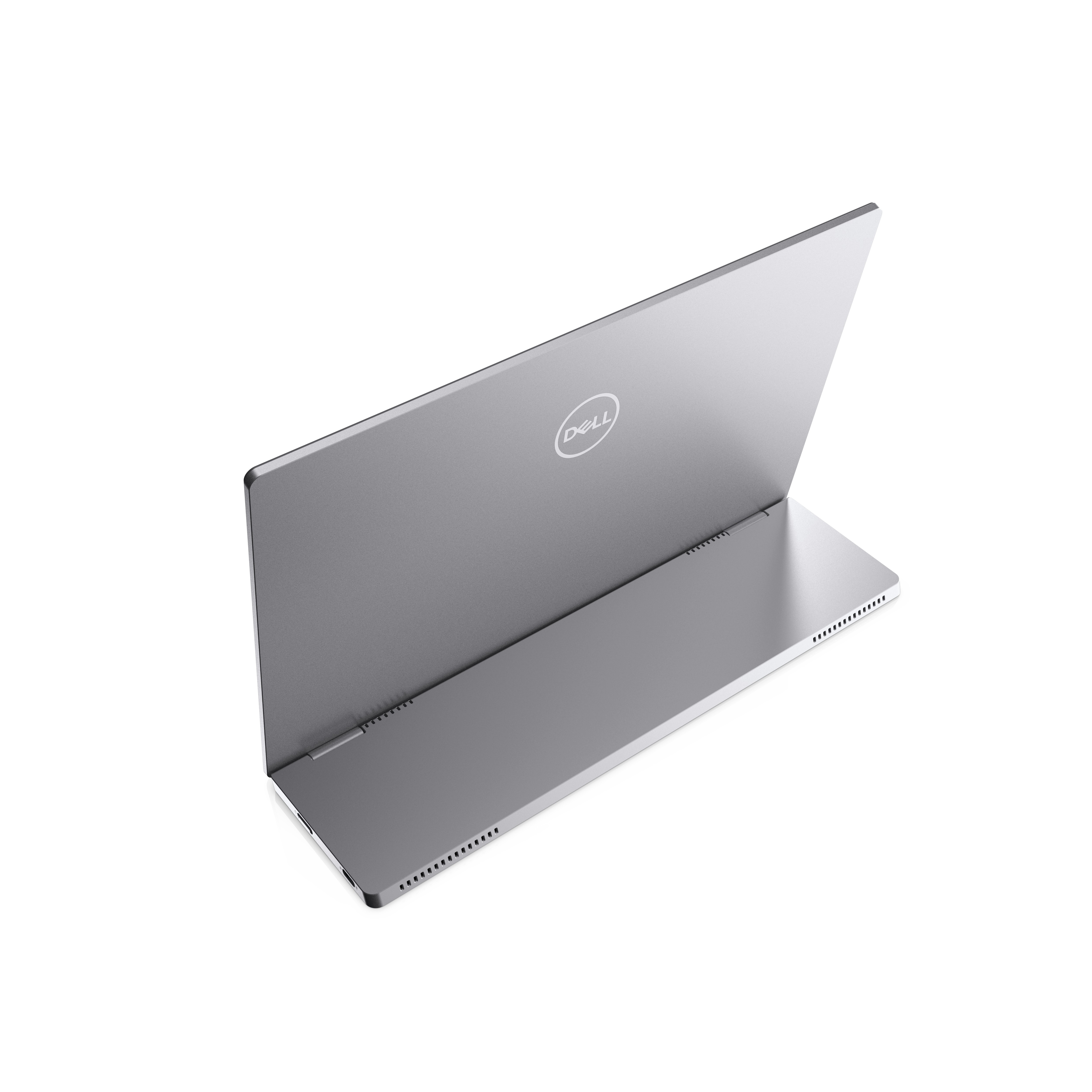 Portátil Dell plateado, abierto en ángulo, mostrando la parte trasera con un logo de Dell, fondo blanco.