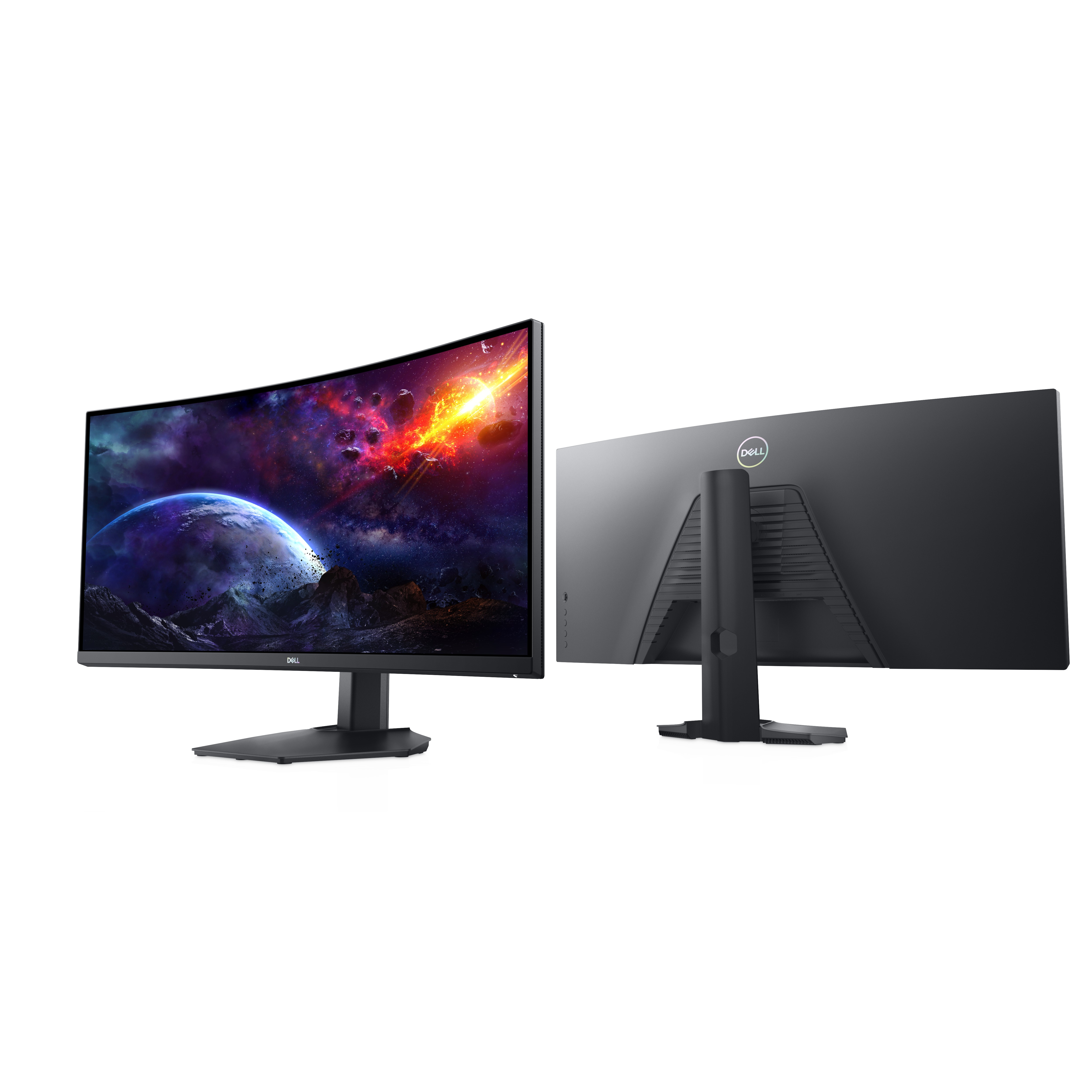 Un monitor curvo Dell, vista frontal y posterior. La pantalla muestra una escena espacial.