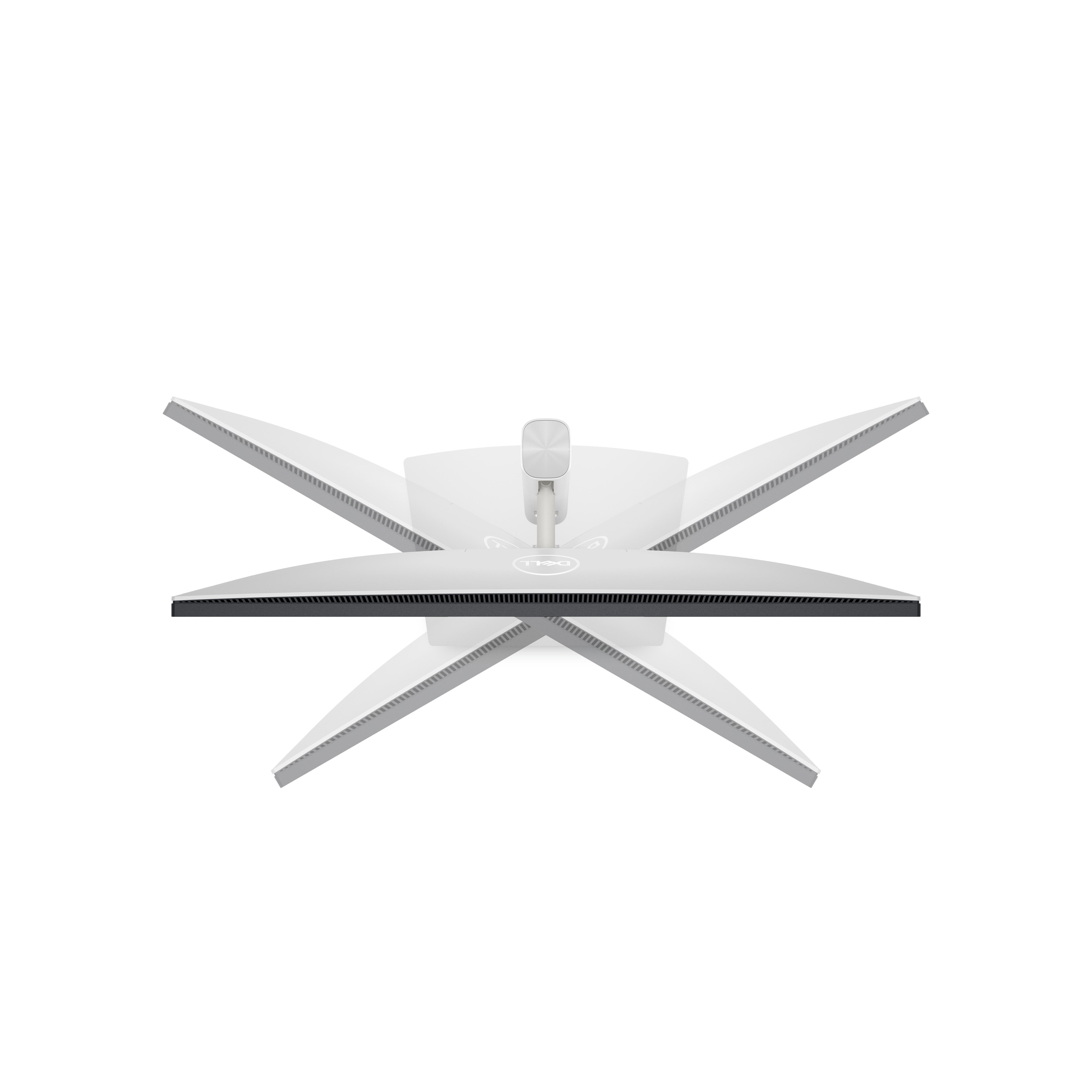 Widok z góry na biały monitor z podstawą. Podstawa ma wiele nóg, tworząc kształt gwiazdy.