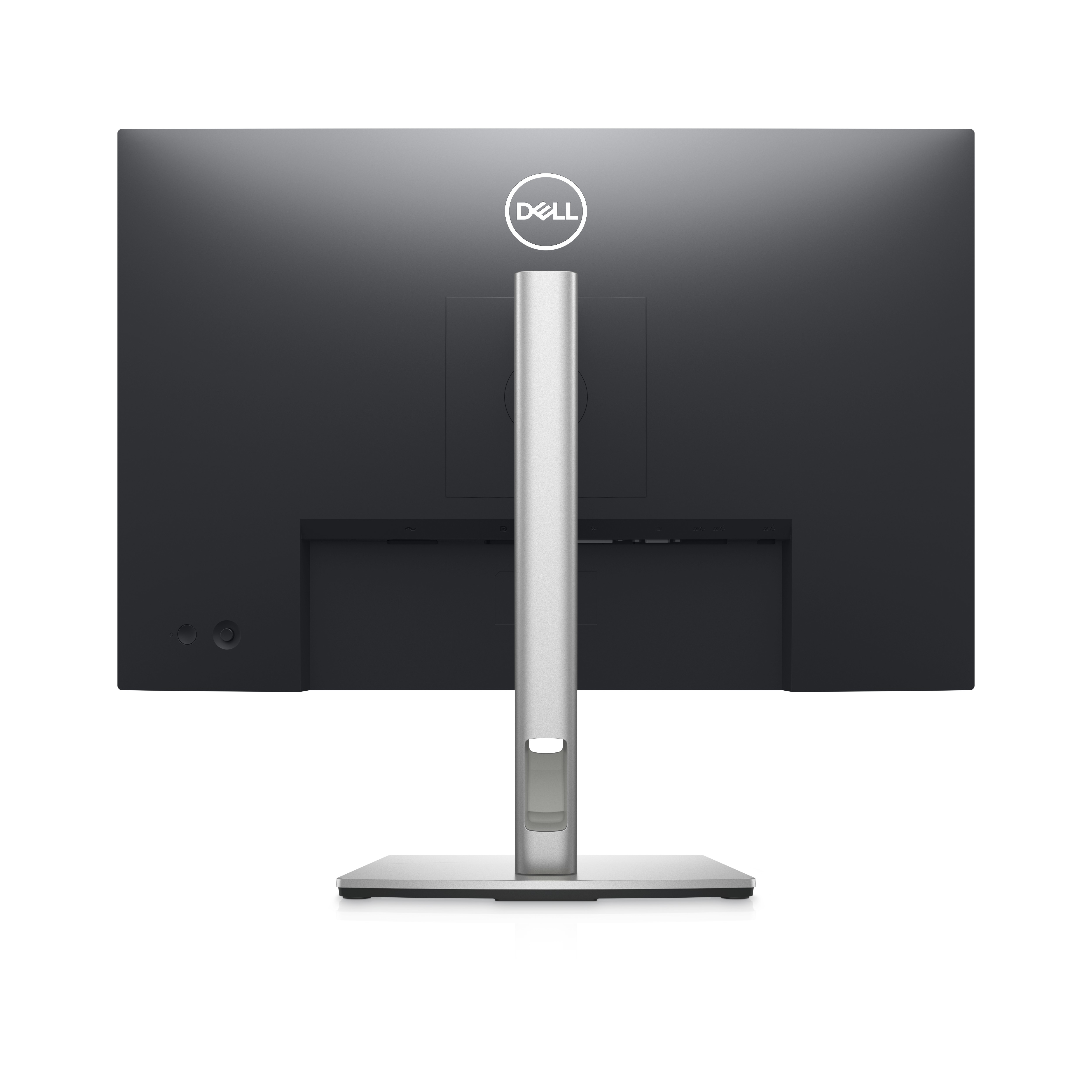 Widok z tyłu czarnego monitora. Logo Dell na górze, srebrna podstawka na dole.
