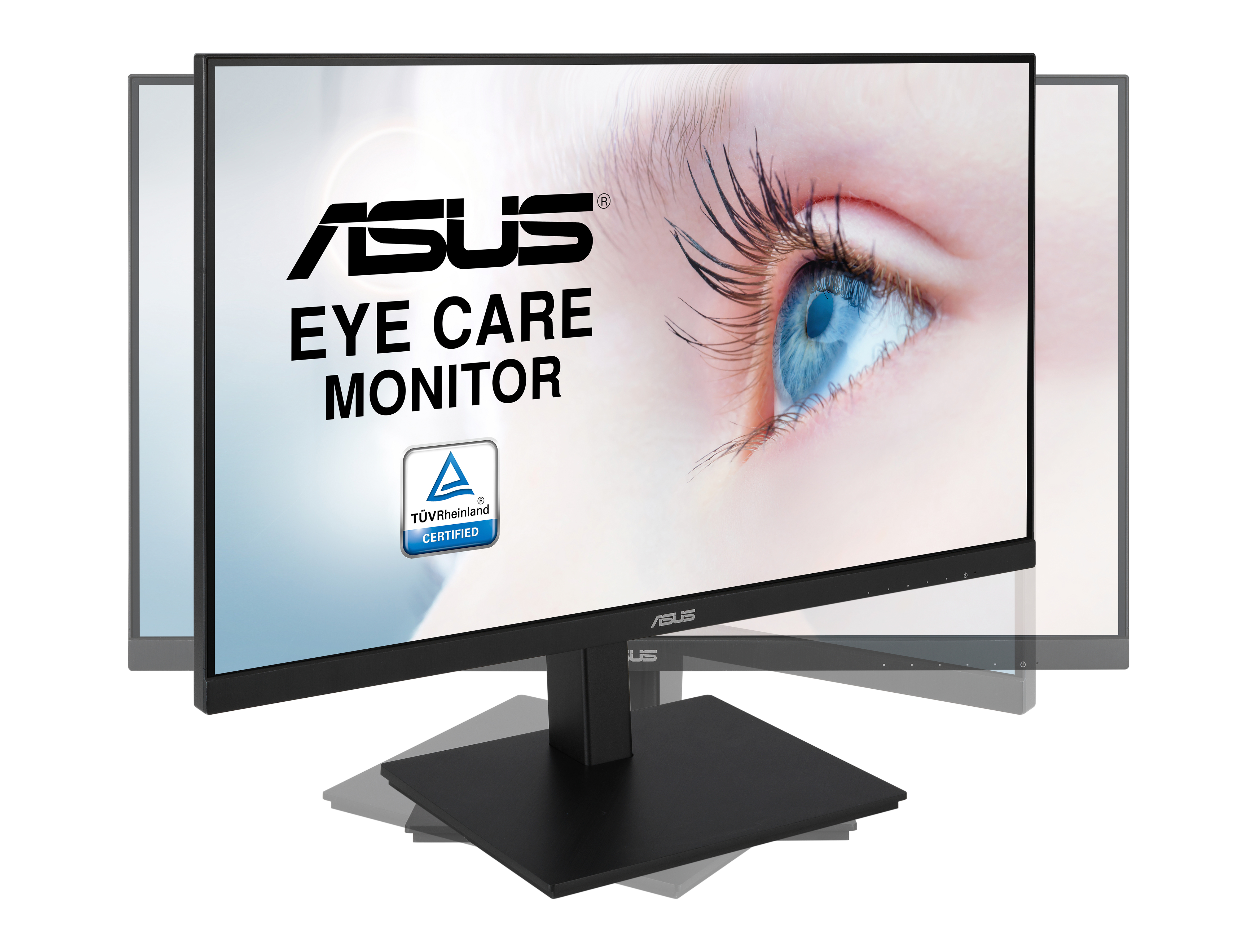 Monitor ASUS Eye Care, czarny stojak, z grafiką oka na ekranie. Tekst na ekranie to EYE CARE MONITOR.