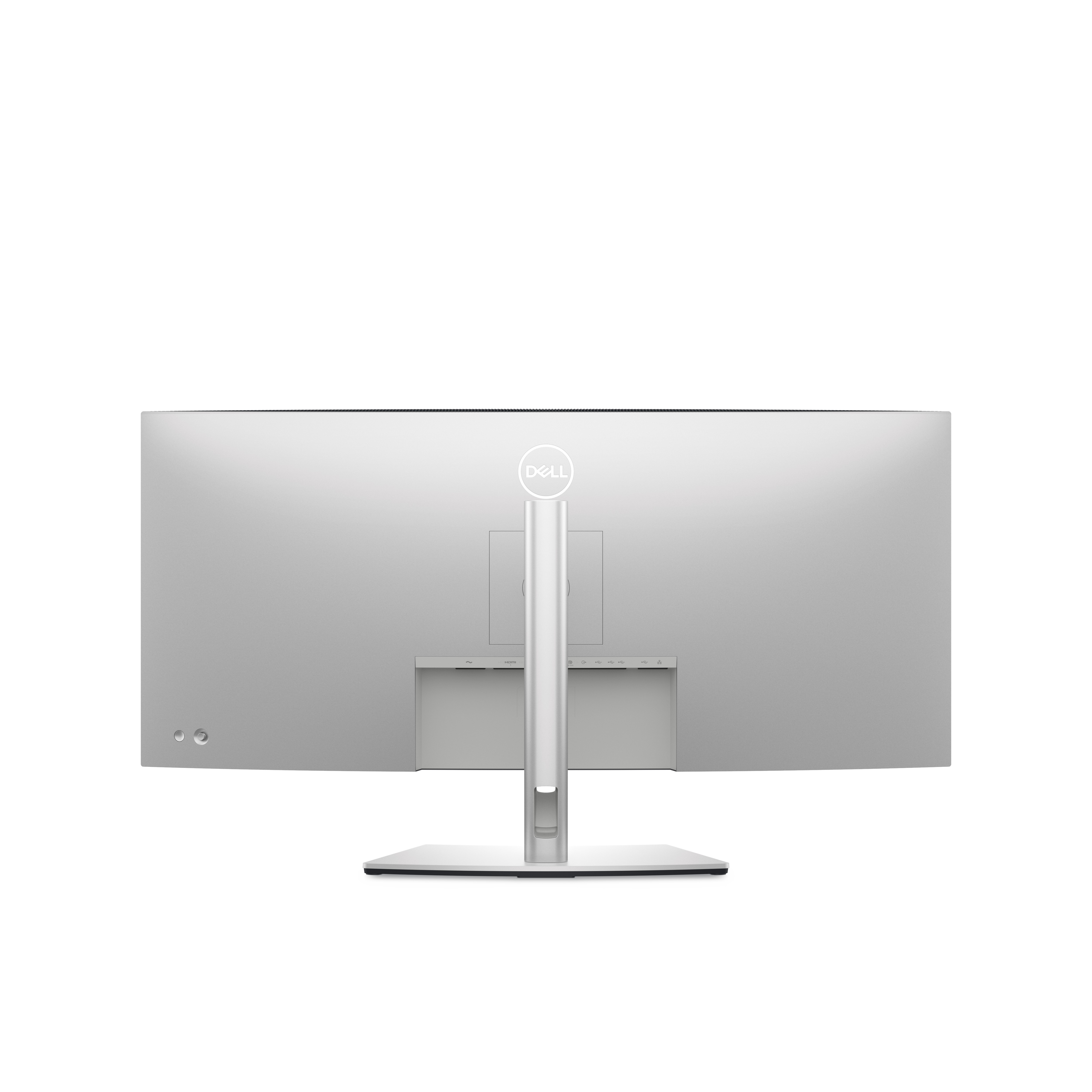 Achteraanzicht van een zilveren Dell monitor met een standaard. De poorten zijn zichtbaar.