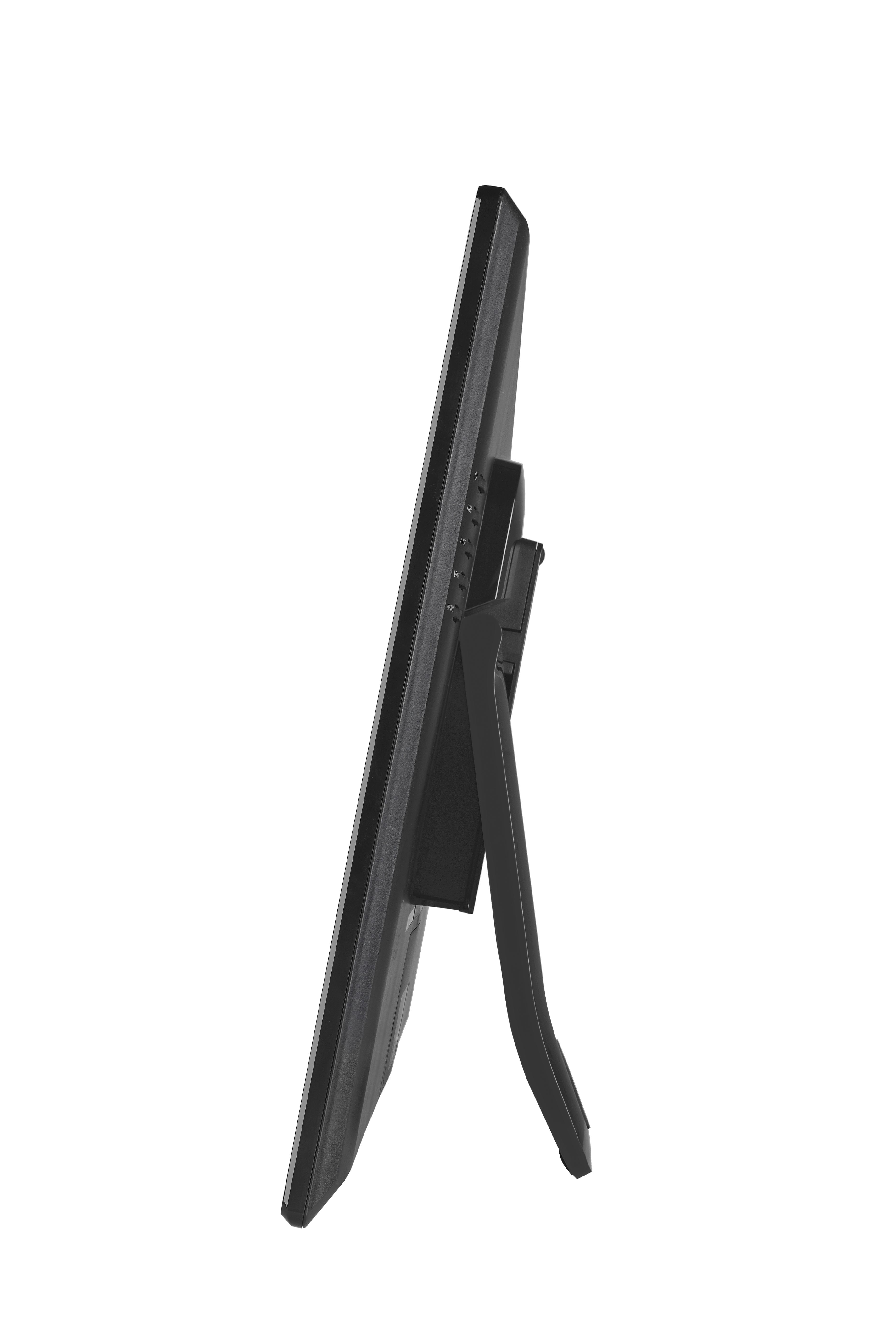 Un monitor nero visto lateralmente. Lo schermo è nero e anche il supporto è nero.