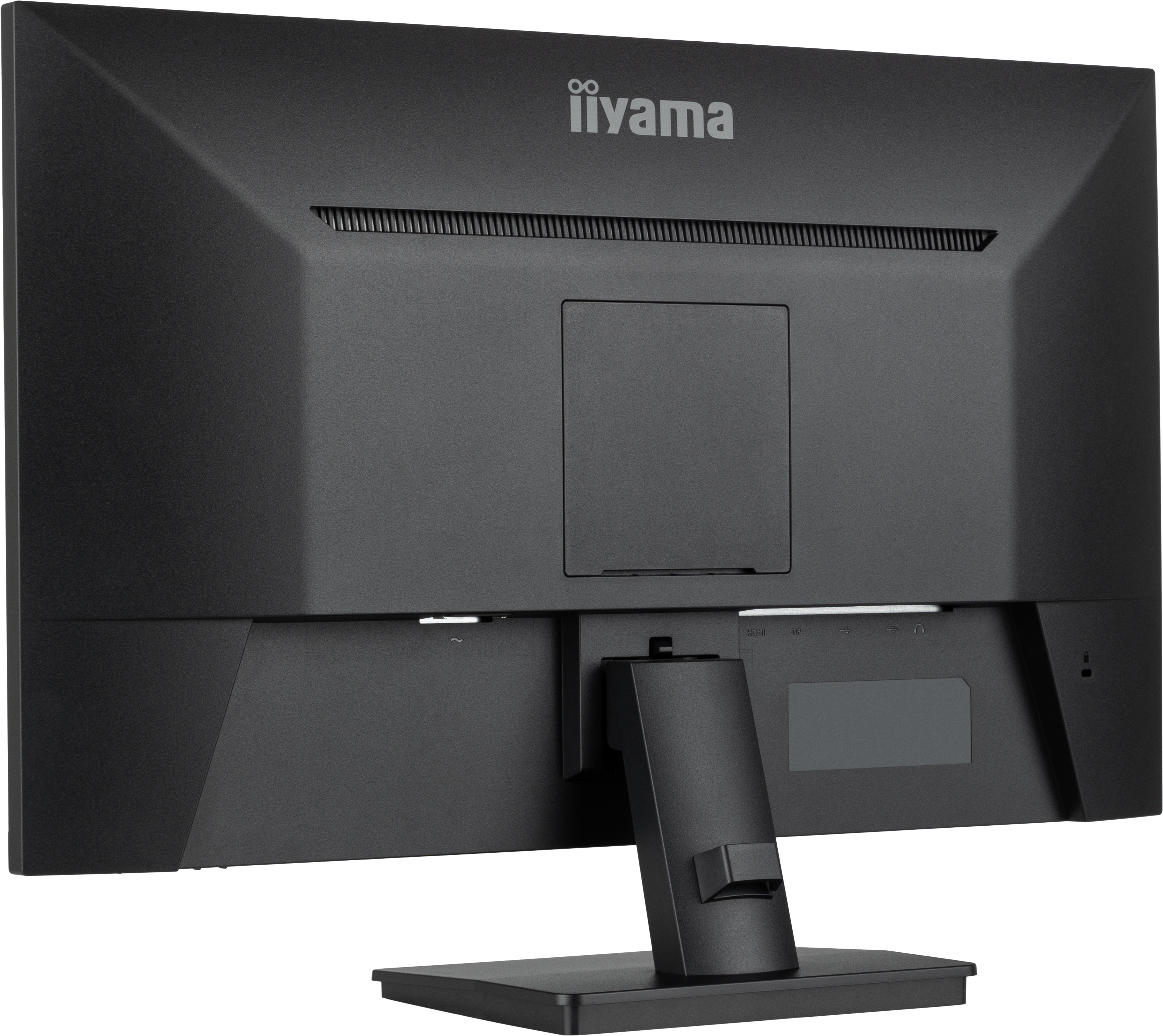 Monitor del computer nero con supporto, dalla parte posteriore. Il logo iiyama è in alto.