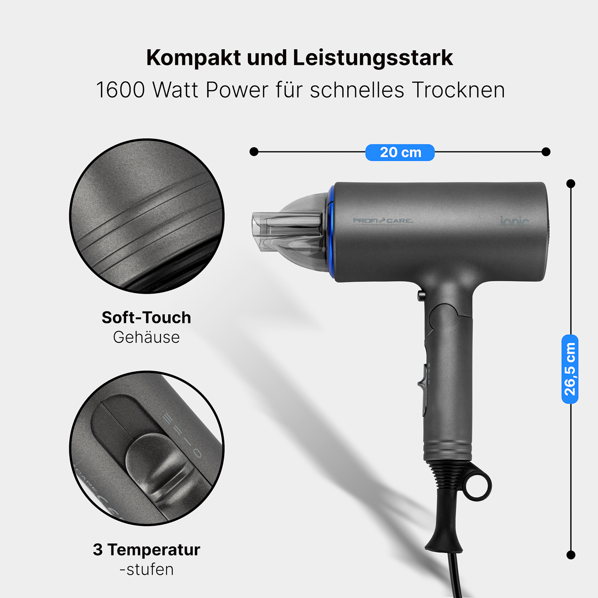 Ciemnoszara suszarka do włosów z wymiarami. Cechy: obudowa soft-touch i 3 ustawienia temperatury.