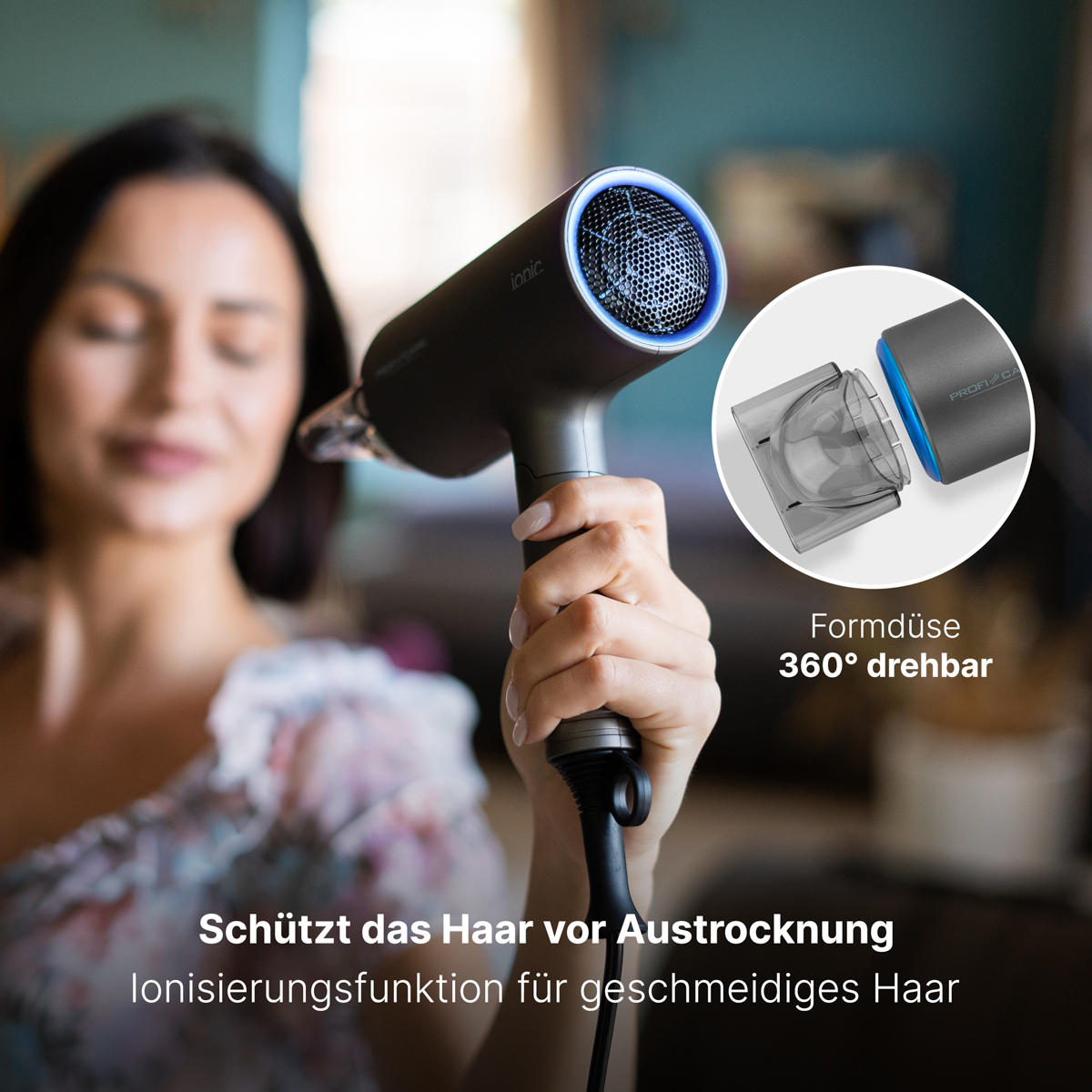 Kobieta trzymająca czarną suszarkę z nasadką. Tekst: 'Chroni włosy'.