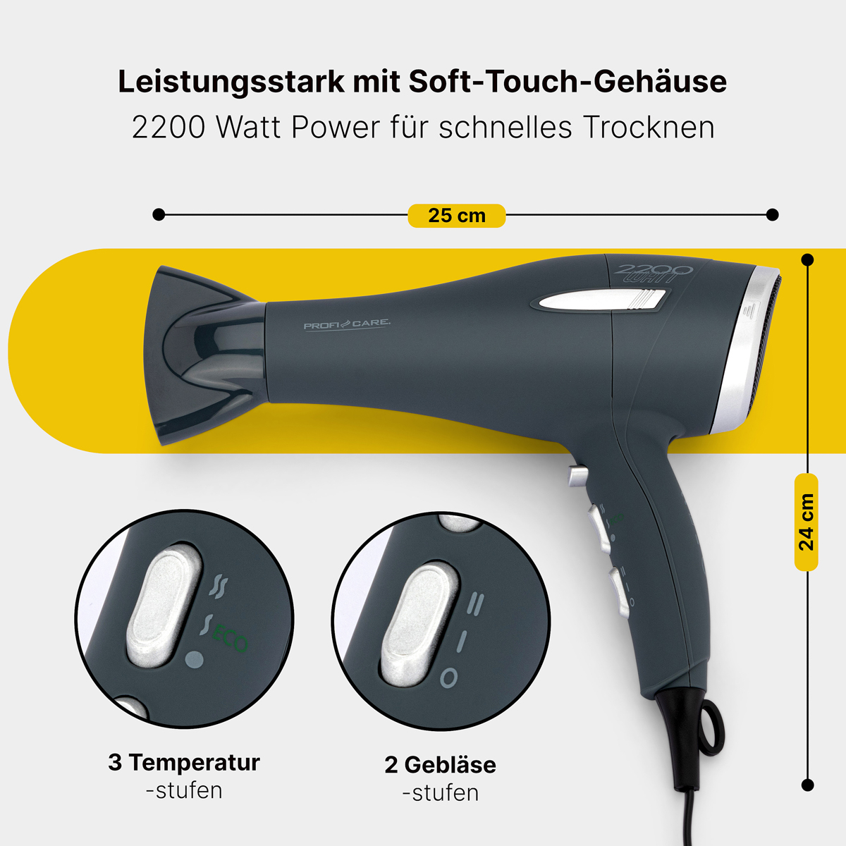 Ciemnoszara suszarka do włosów z pomiarami i zbliżeniami ustawień. Żółte tło.