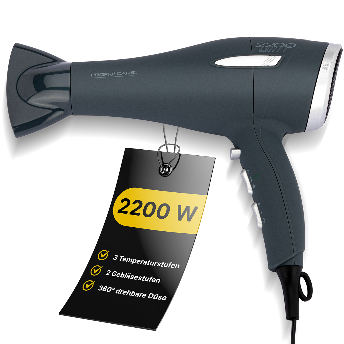 Ciemnoszara suszarka do włosów z czarną etykietą, pokazującą moc, ustawienia temperatury i obrotową dyszę.
