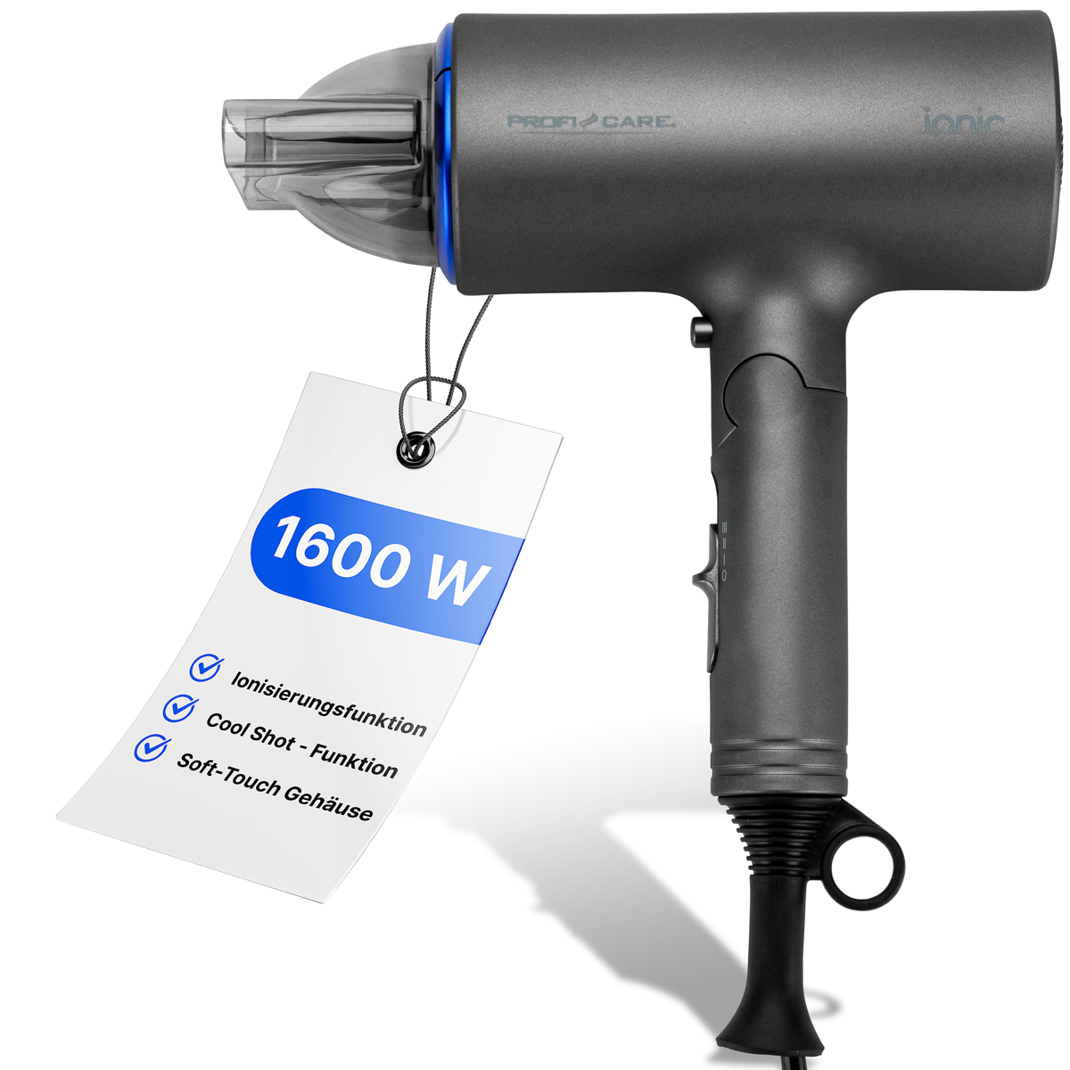Szara suszarka do włosów z etykietą 1600 W. Funkcje: jonizacja, zimny nawiew, miękki w dotyku.